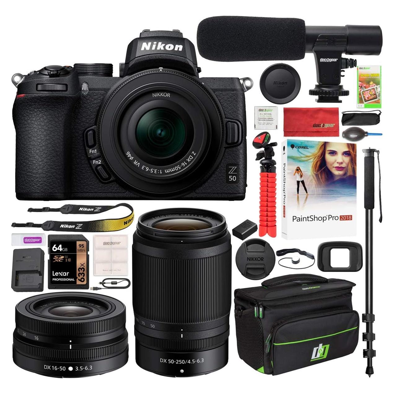 Nikon Z50 Mirrorless Camera Body 4K UHD DX-Format 2 Lens Kit NIKKOR Z DX 16-50mm F/3.5-6.3 VR + Z DX 50-250mm F/4.5-6.3 VR Bundle with Deco Gear Case + Microphone + Monopod + 64GB Card & Accessories