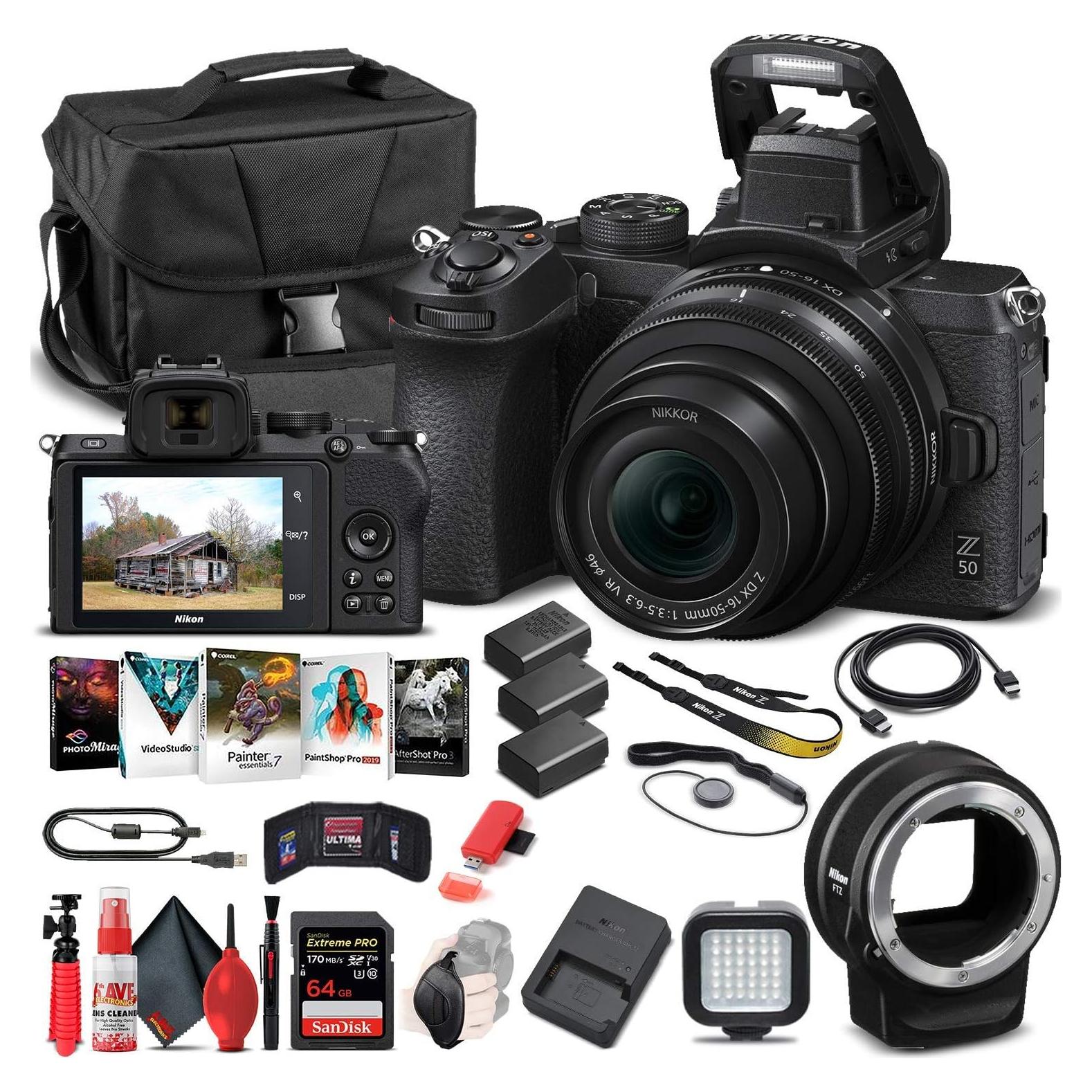 Nikon Z 50 Mirrorless Digital Camera with 16-50mm Lens (1633) + FTZ Mount Adapter + 2 x EN-EL25 Battery + 64GB Card + Case + Corel Software + Light + Filter Kit + More (International Model) (Renewed)