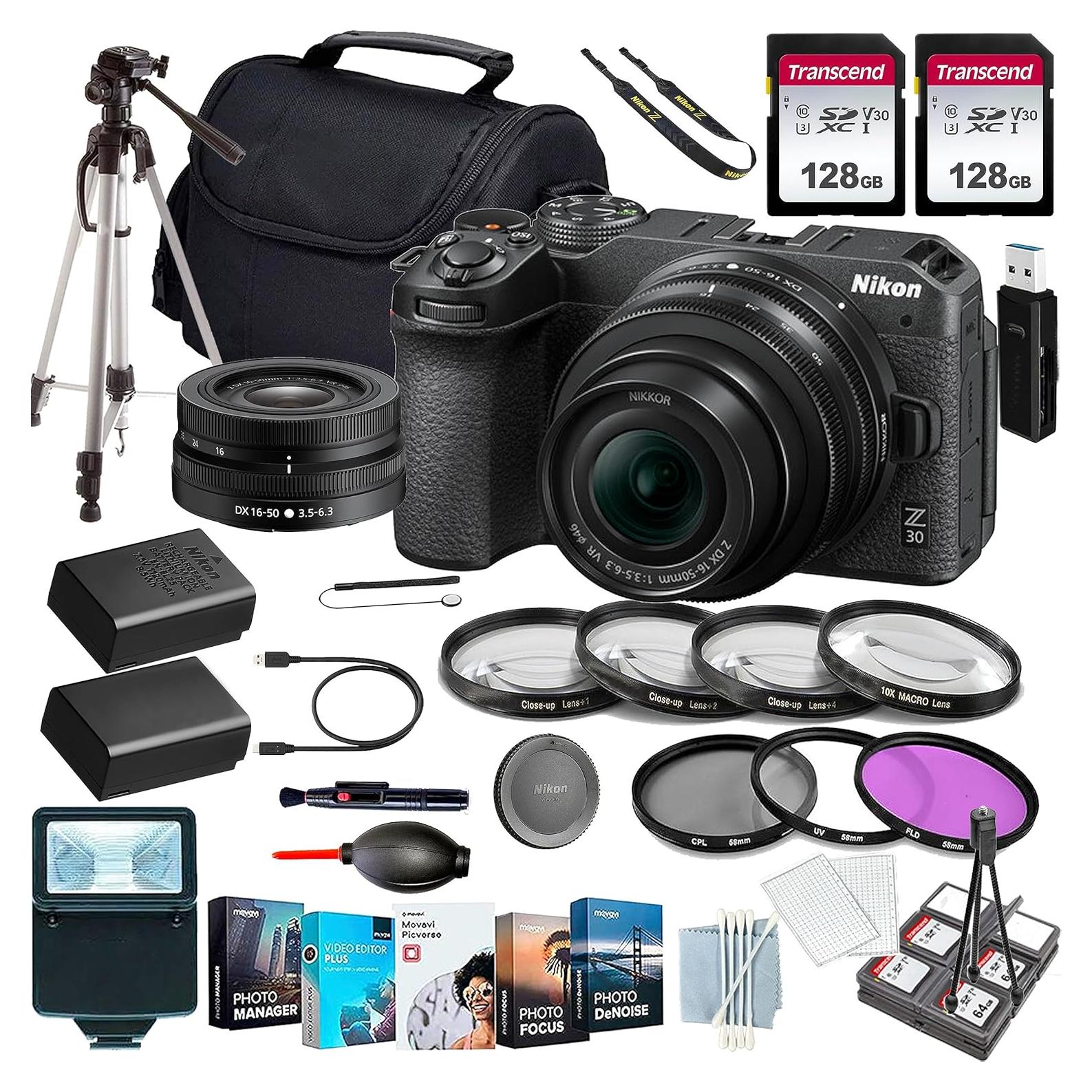 Nikon Z30 Mirrorless Camera with Nikon NIKKOR Z DX 16-50mm f/3.5-6.3 VR Lens+Case+Lens Filters+Commander Starter Kit+Case+2x128 GIG Memory+Flash+Tripod(27PC) Bundle (Renewed)