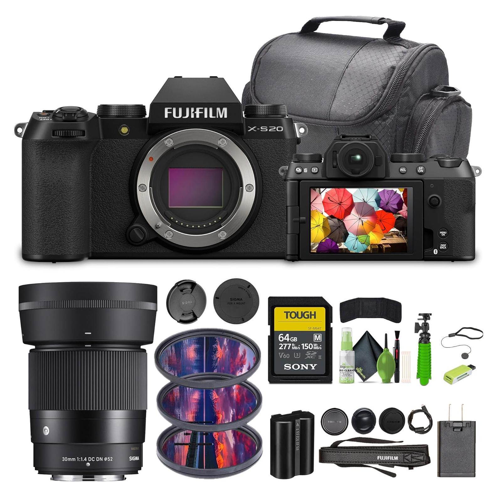 X-S20 Professional Compact Digital Mirrorless Camera Body, Black, Bundle with Sigma 30mm f/1.4 DC DN Contemporary Lens Fuji X + 64GB Memory Card + Vlogging Tripod +Cleaning Kit + Accessories