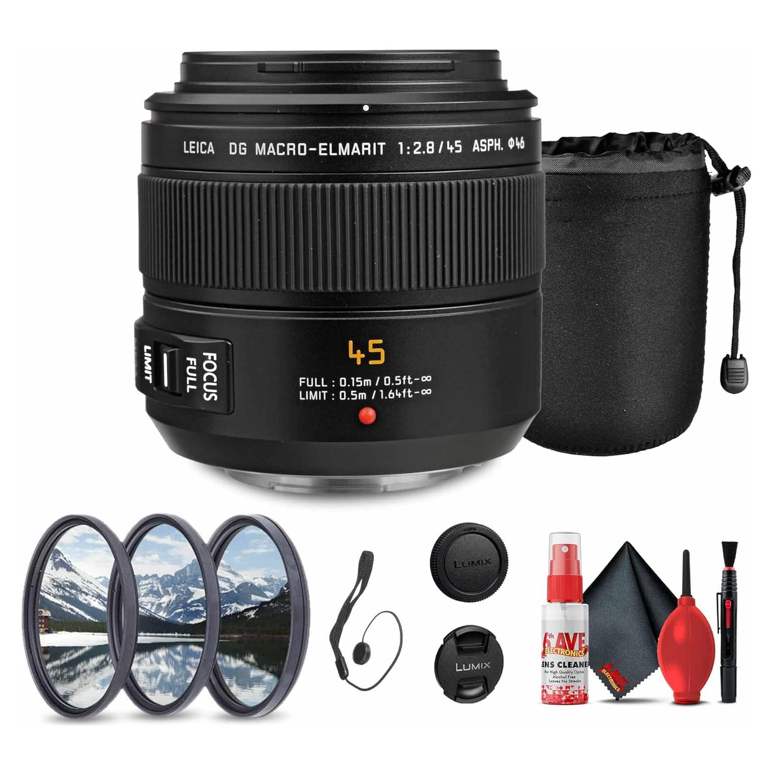 Lente Panasonic Leica DG Macro-Elmarit 45mm f/2.8 + Kit de Filtros