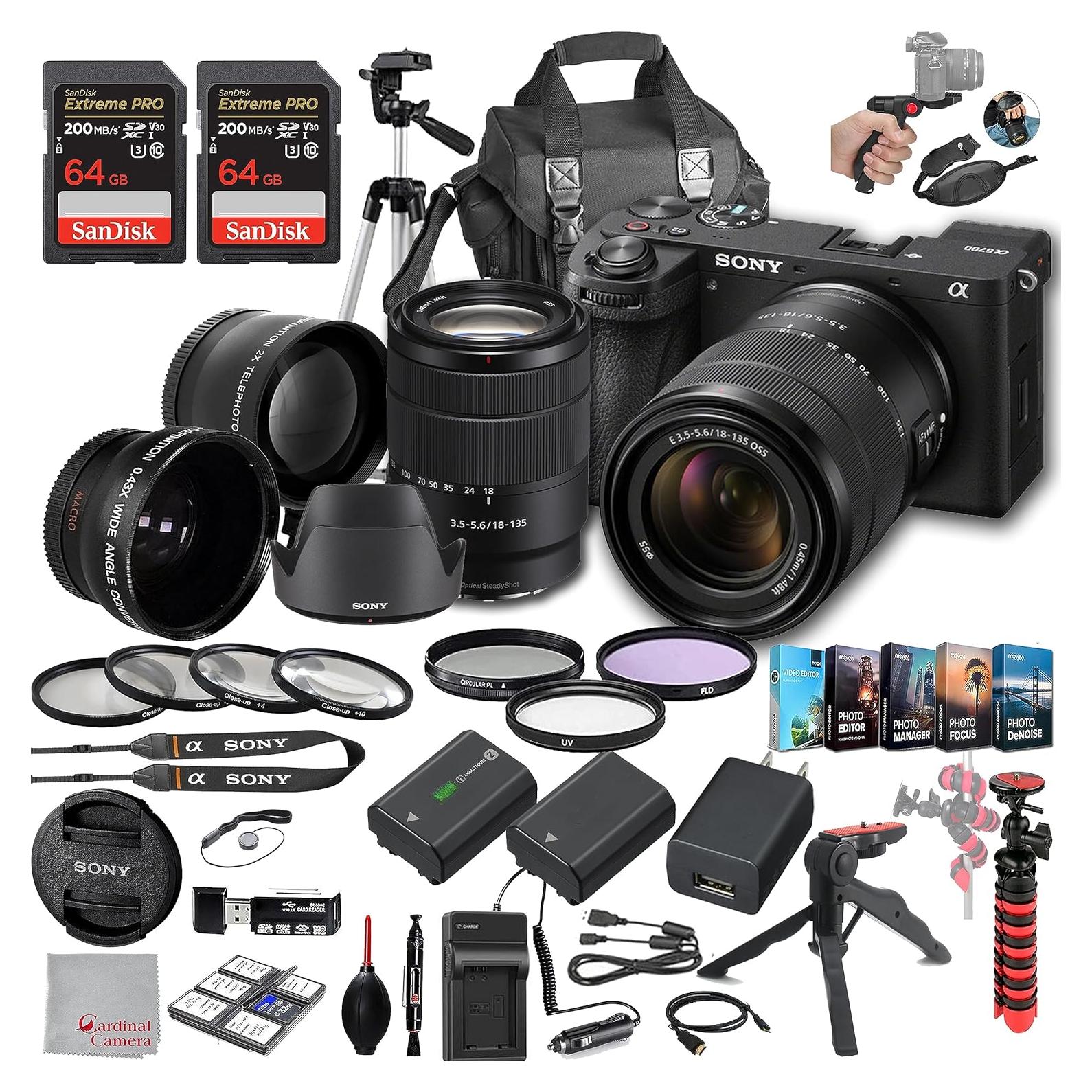 a6700 Mirrorless Camera with 18-135mm Lens, 128GB Extreem Speed Memory,.43 Wide Angle & 2X Lenses, Case,Tripod, Filters, Hood, Grip,Spare Battery & Charger,Editing Software Kit -Deluxe Bundle