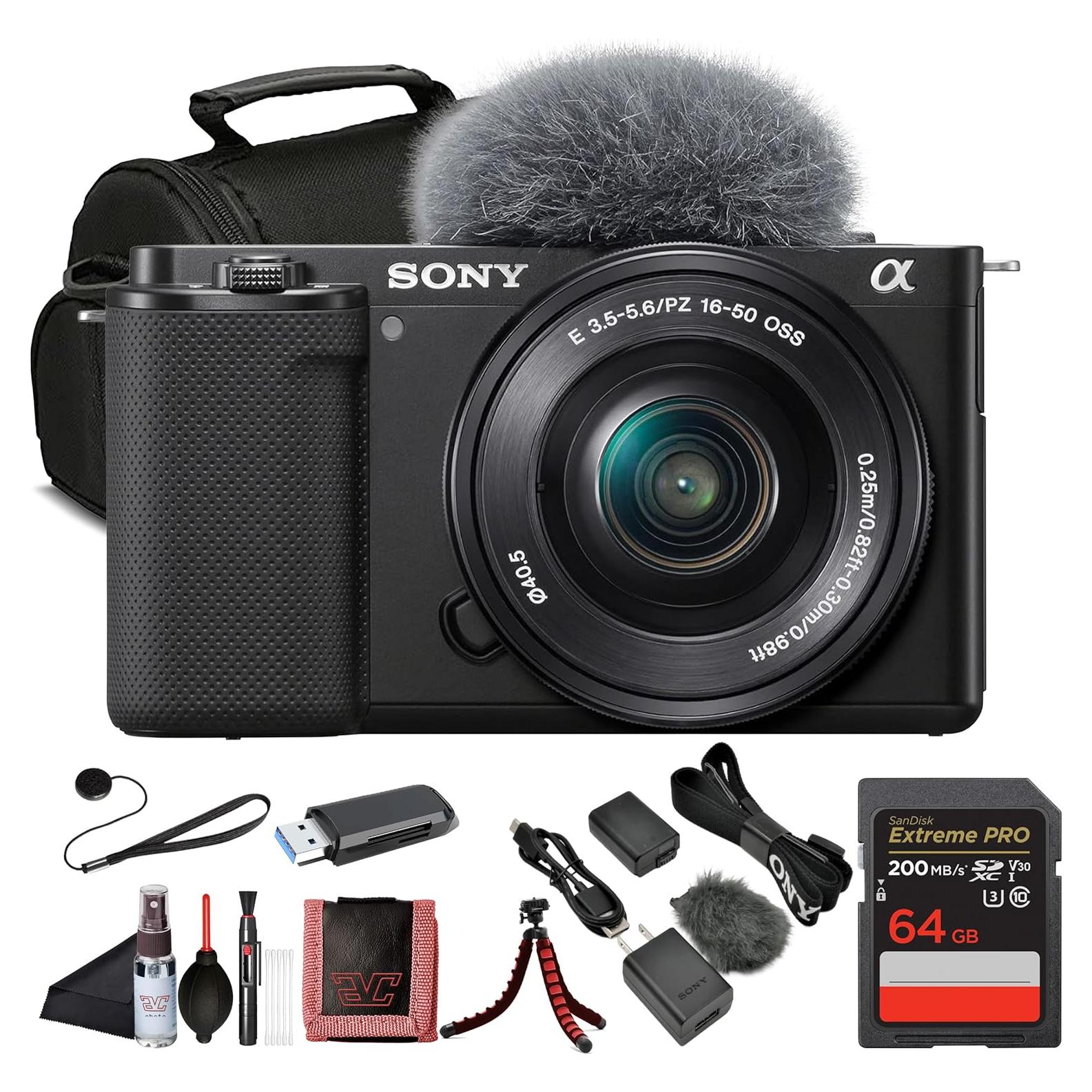 ZV-E10 Vlogging Mirrorless Camera Kit with E PZ 16–50mm Lens (ILCZV-E10L/B)| 24.2 MP APS-C Sensor | 4K Video with 64GB Card, Card Reader, Case, Flex Tripod, Memory Card Wallet, Cleaning Kit
