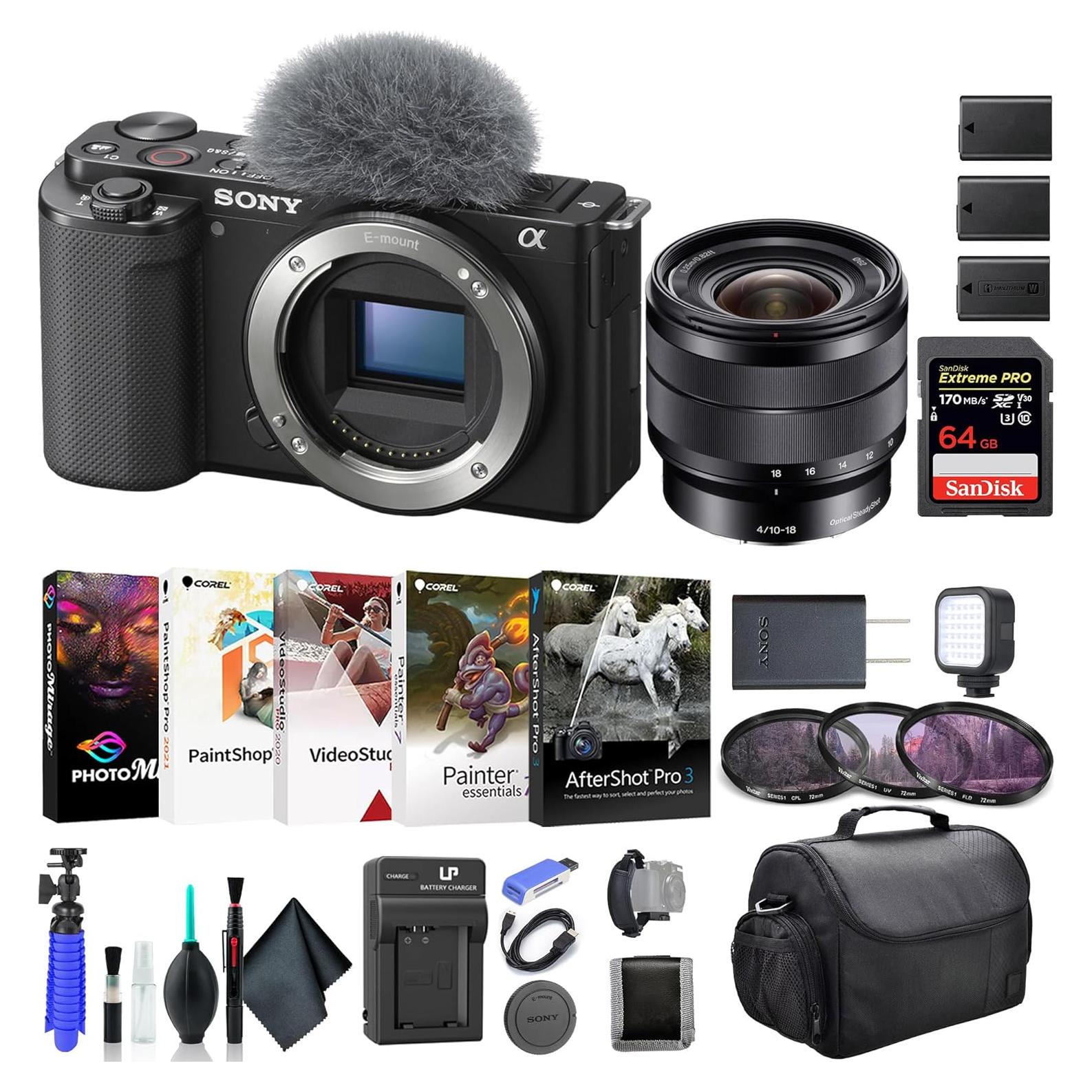 ZV-E10 Mirrorless Camera Black with 16-50mm Power Zoom Lens (ILCZV-E10L) – 24.2 MP APS-C Sensor, 4K Video, Vari-Angle Screen w/ 64GB Card, Filter Kit,Photo Software, 2 x NPF-W50 Battery and More