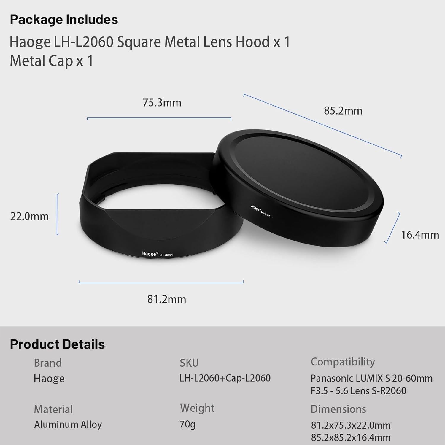 Capucha de lente metálica cuadrada Haoge LH-L2060 para Panasonic LUMIX S 20-60mm