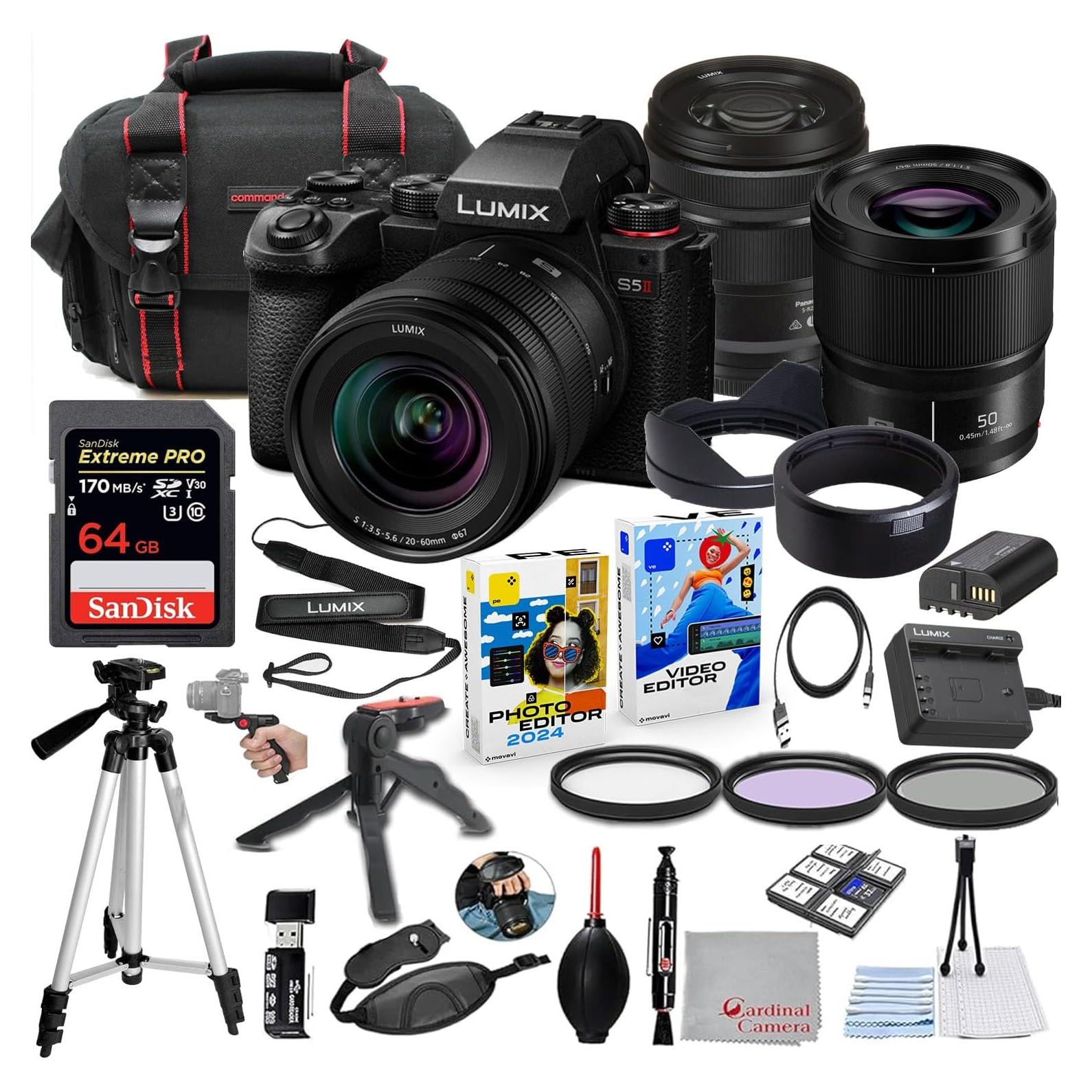 Lumix S5 II Mirrorless Camera with 20-60mm & 50mm f/1.8 Lens Bundle + Accessory Package Including 64GB Extreme Pro Memory, HD Filters, Carry Bag, Editing Software Package & More (35 Items)