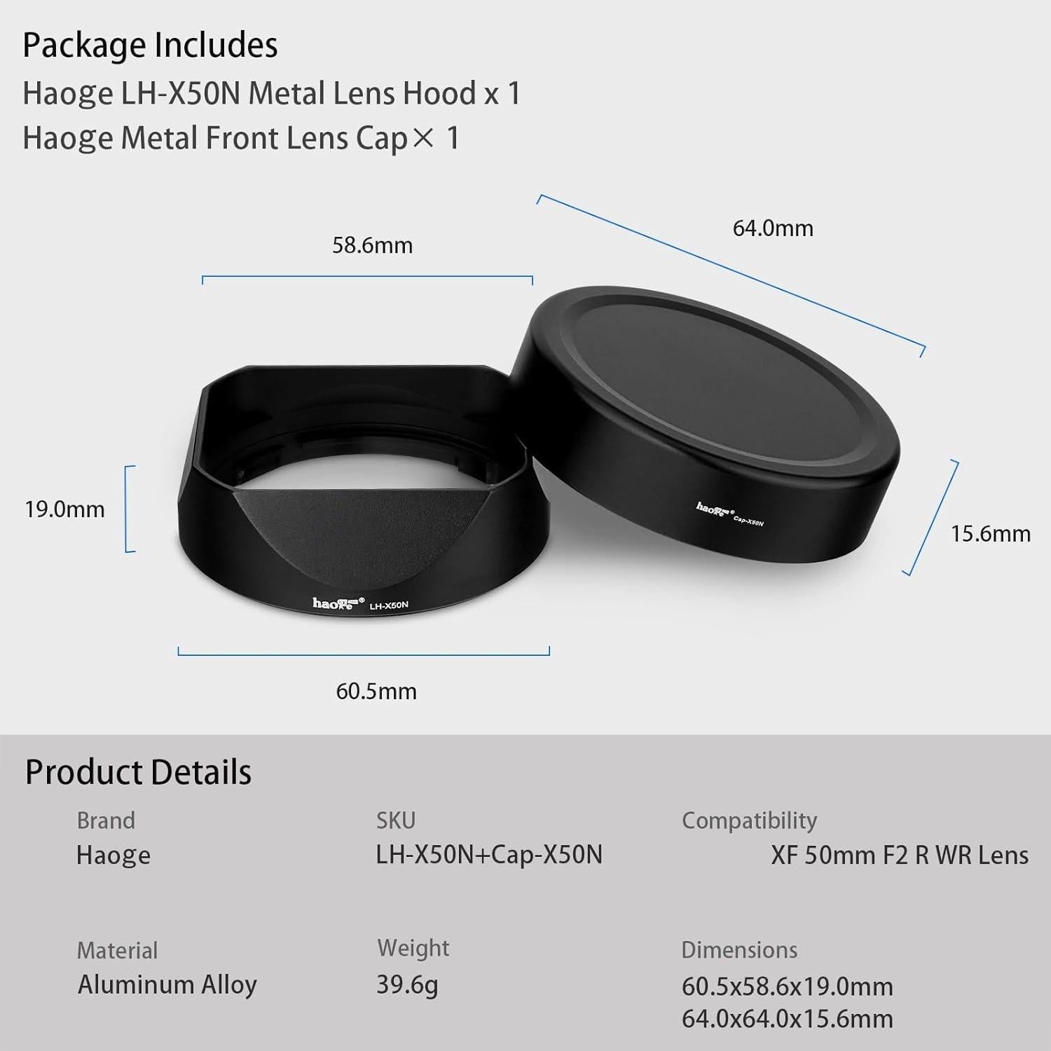 Capucha de Lente Cuadrada Haoge LH-X50N para Fujifilm XF 50mm F2
