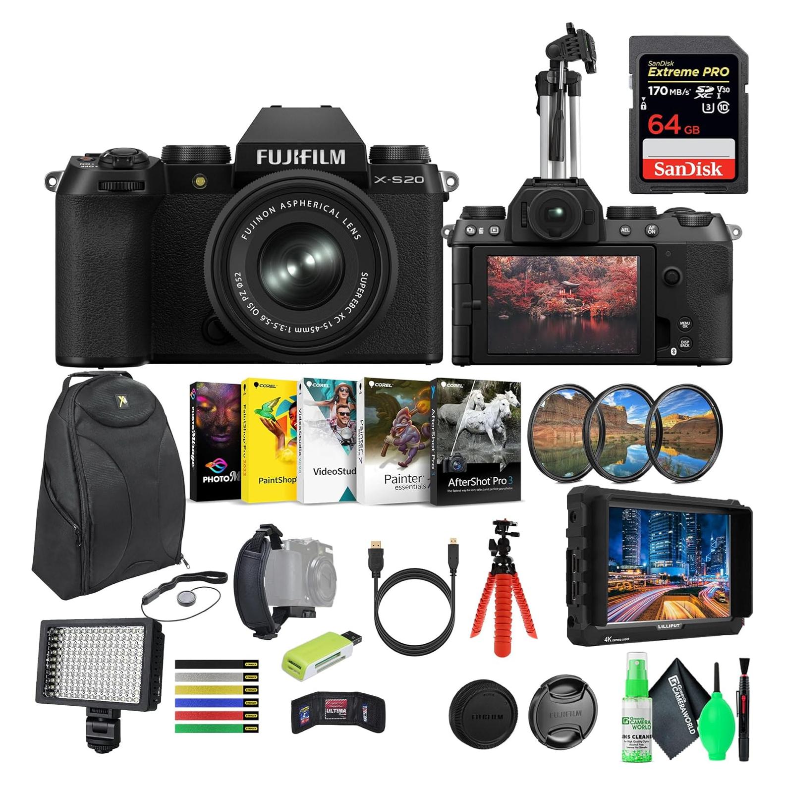 X-S20 Mirrorless Camera with 15-45mm Lens + 64GB Memory Card + 4K Monitor + LED Light + Corel Photo & Video Editing Software + Backpack Bag + Tripod, Ideal Vlogging Camera Kit (16pc Bundle)
