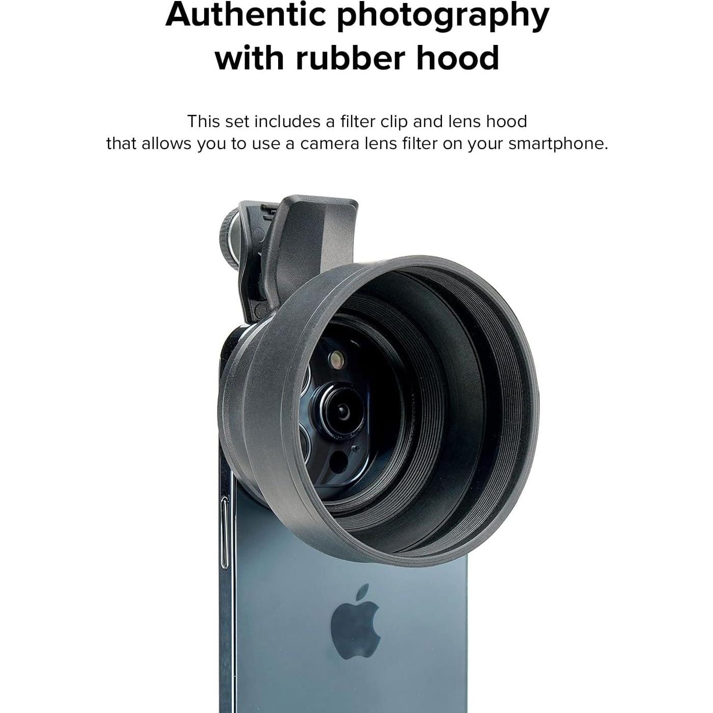Kit Clip Filtro 49mm y Capucha Lente EXAPRO para Smartphone