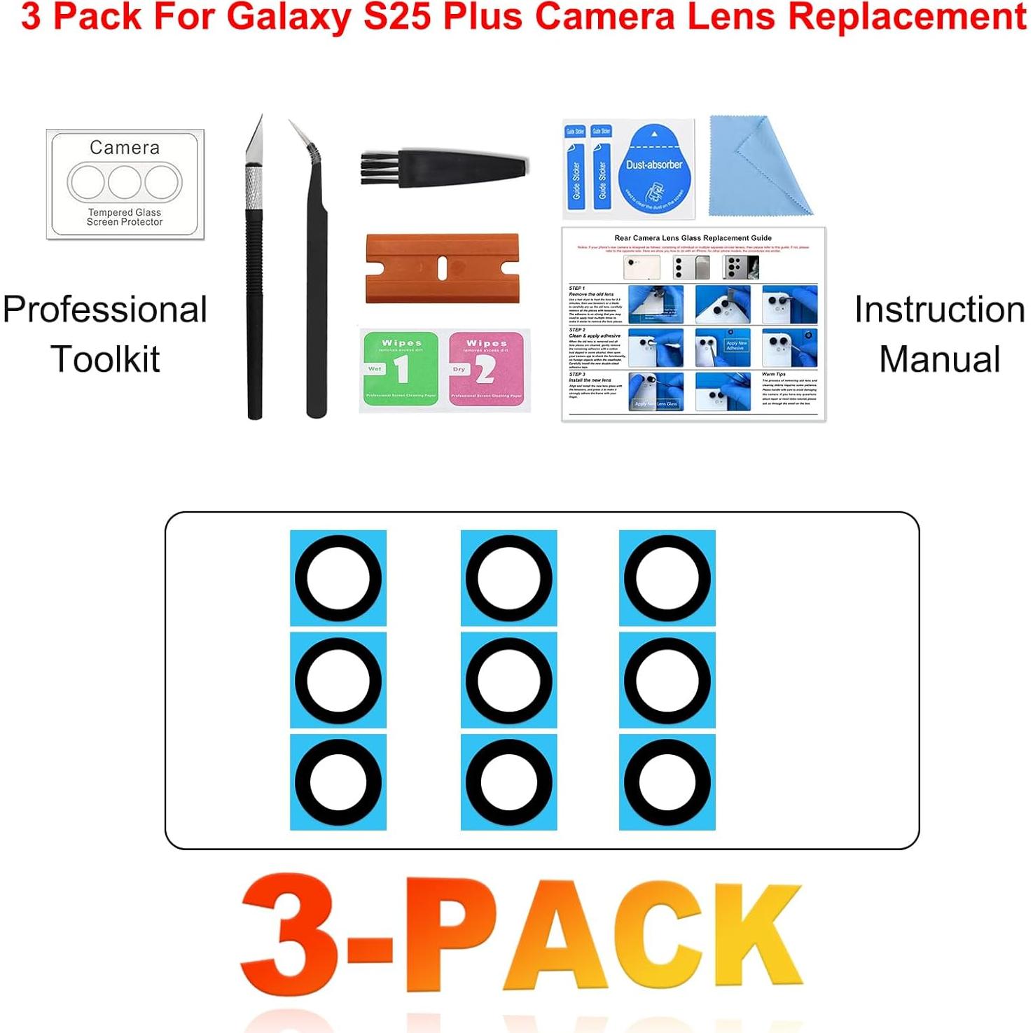 Reemplazo Cristal Lente Cámara Samsung Galaxy S25 Plus - 3 Piezas