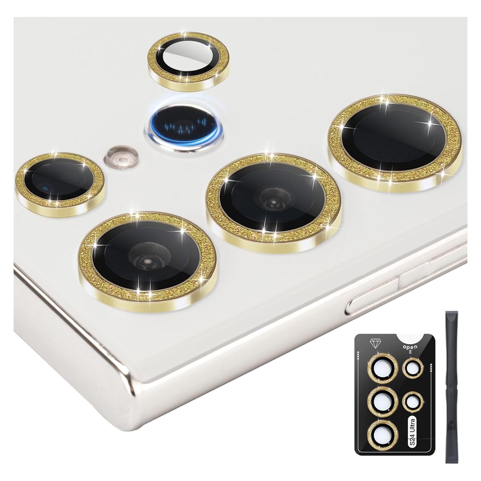 Camera Lens Protector for Samsung Galaxy S24 Ultra, Individual Tempered Glass Lens Cover with Installation Tray Fit for Samsung Galaxy S24 Ultra Glitter Gold