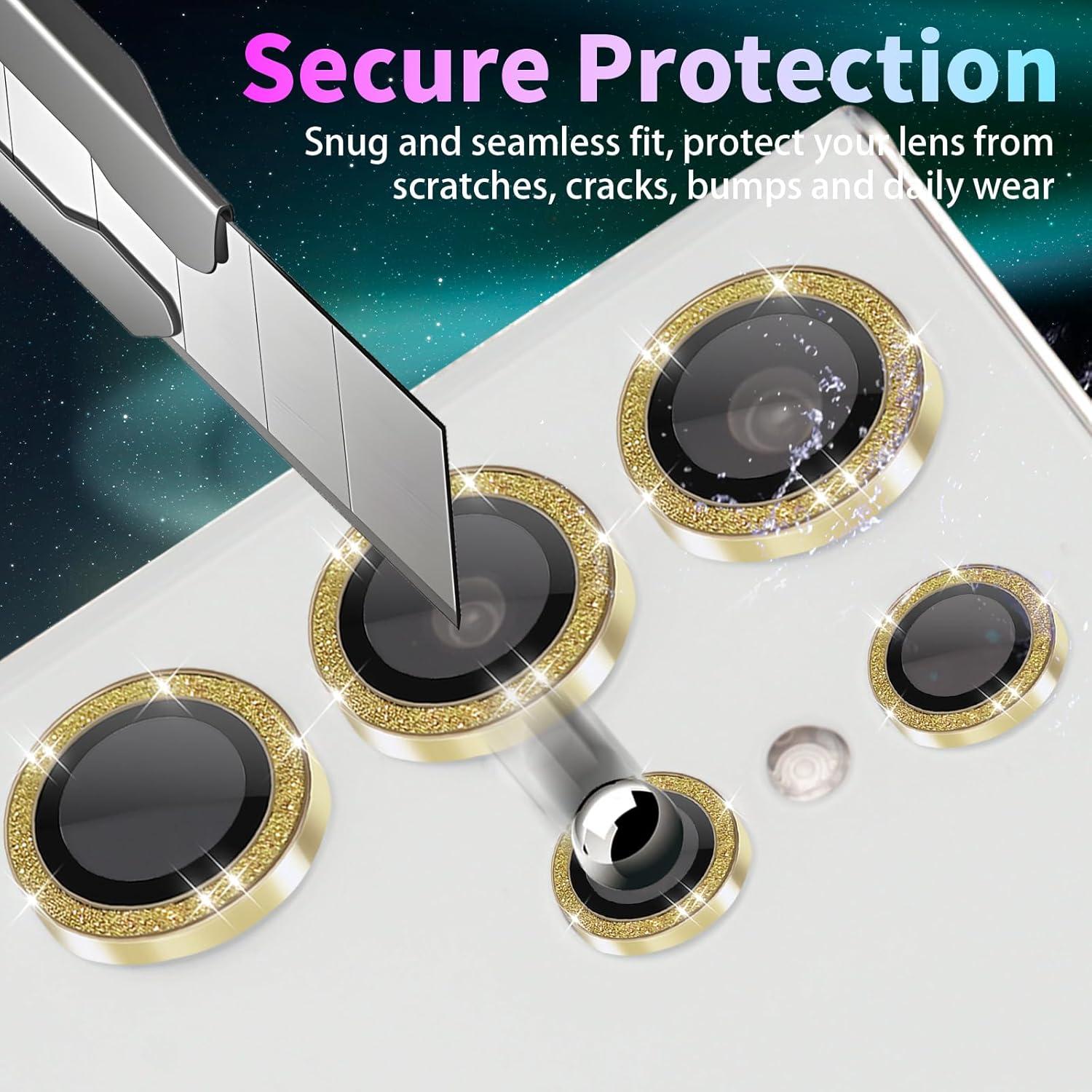 Camera Lens Protector for Samsung Galaxy S24 Ultra, Individual Tempered Glass Lens Cover with Installation Tray Fit for Samsung Galaxy S24 Ultra Glitter Gold