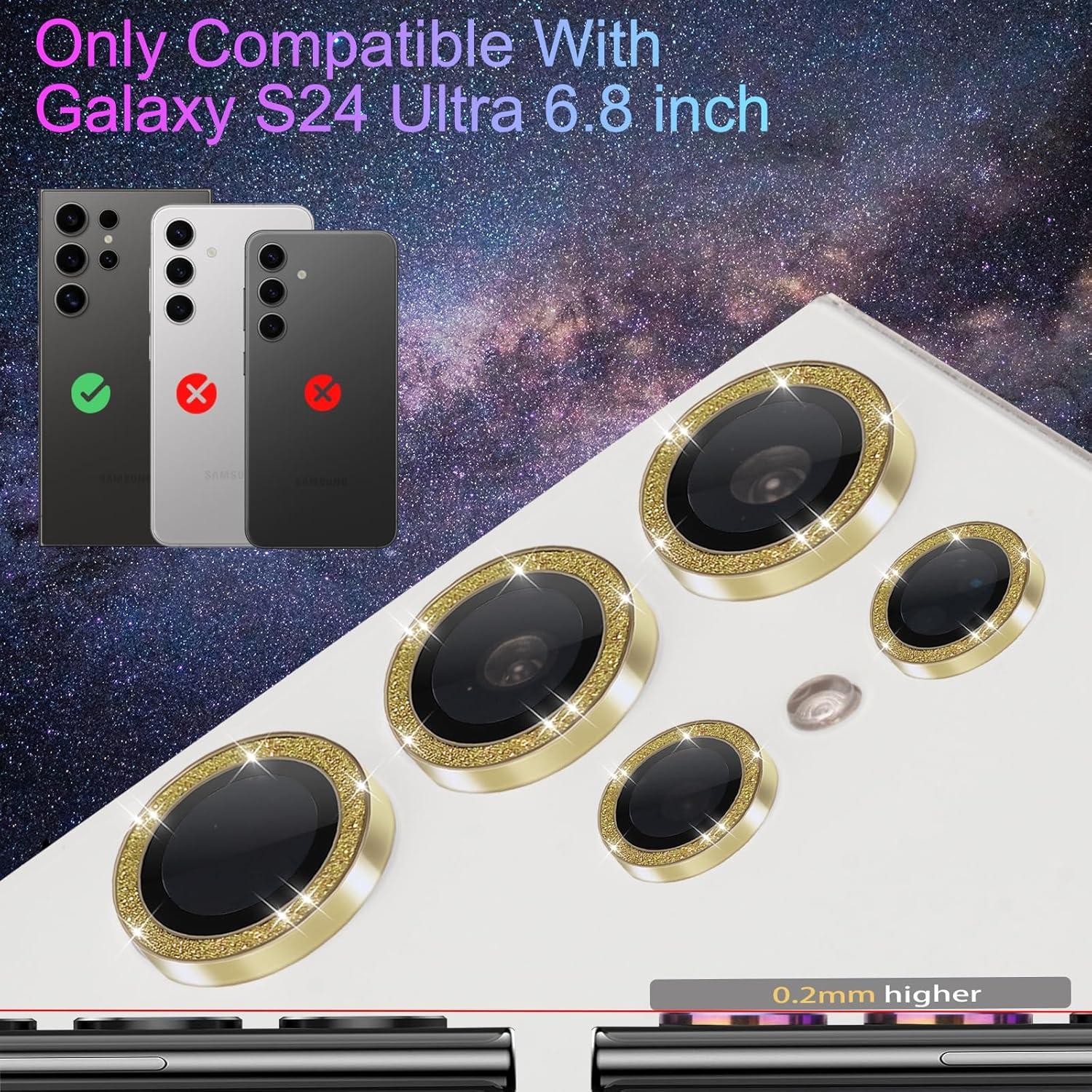 Camera Lens Protector for Samsung Galaxy S24 Ultra, Individual Tempered Glass Lens Cover with Installation Tray Fit for Samsung Galaxy S24 Ultra Glitter Gold