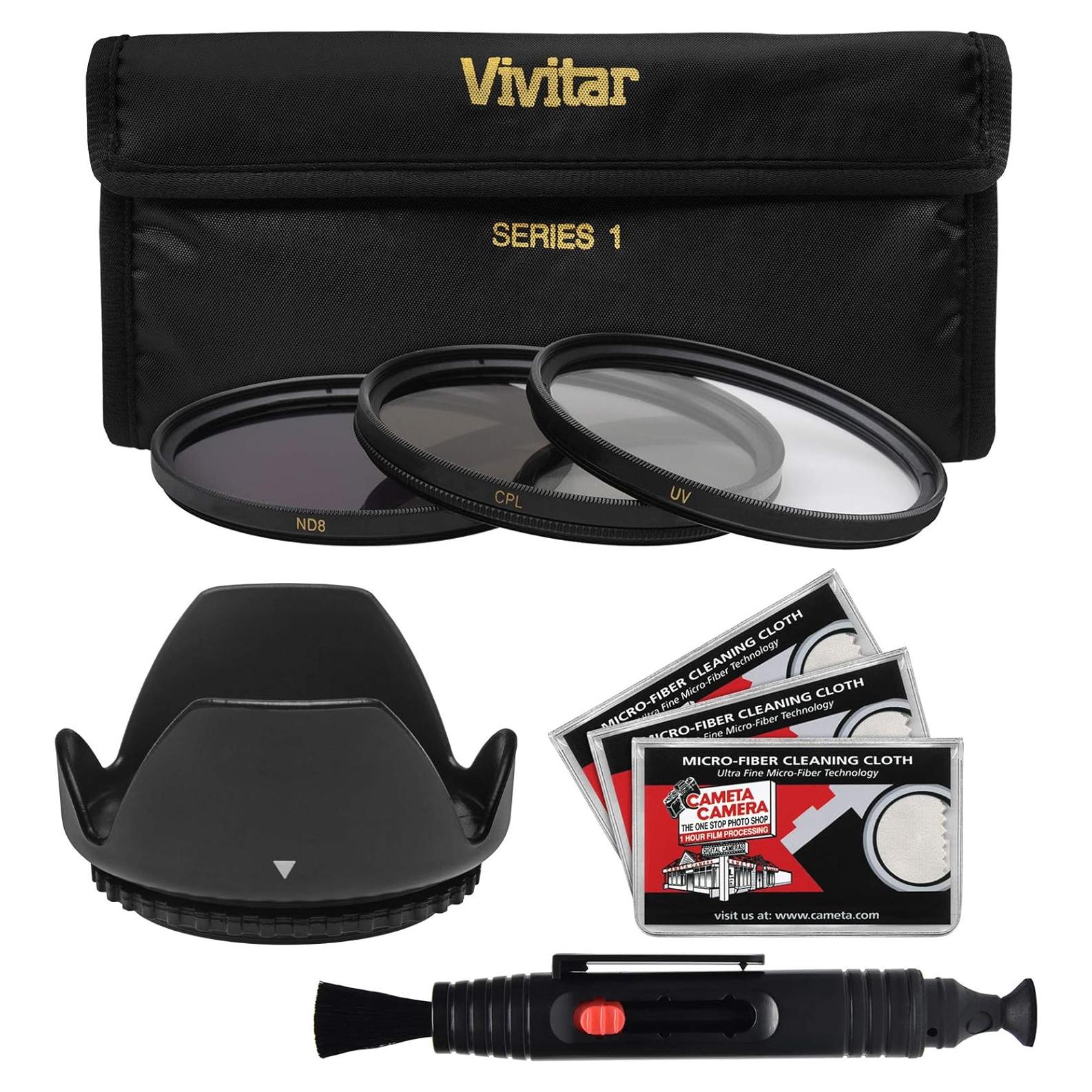 Kit de Filtros 55mm Vivitar UV CPL ND8 + Capucha y Limpiador