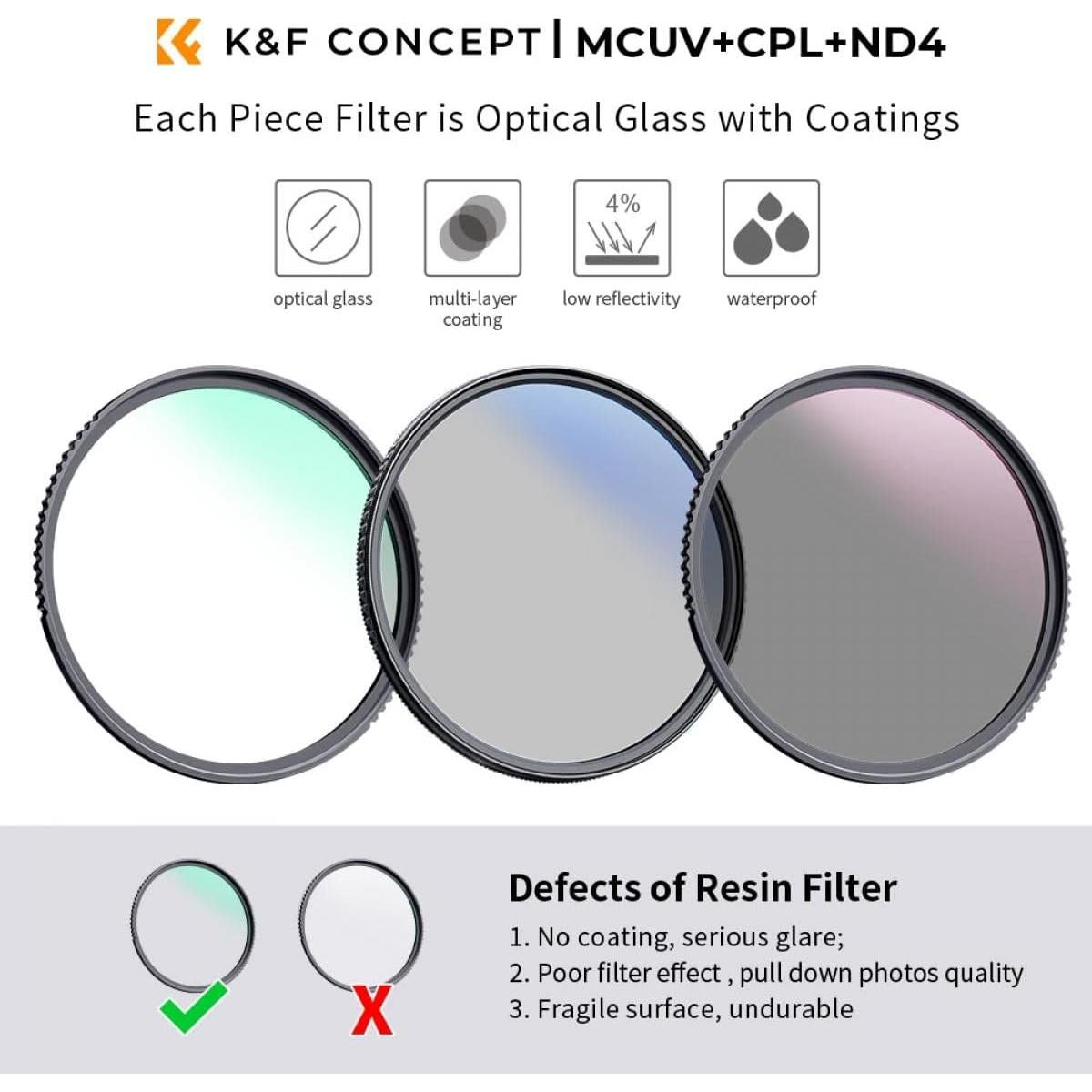 Kit de Filtros UV, CPL y ND4 K&F Concept 67mm - Óptico Profesional