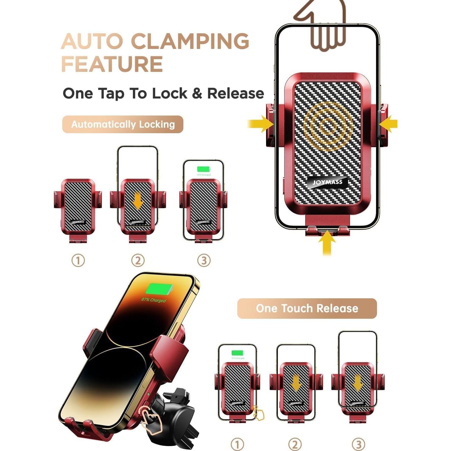 Cargador Inalámbrico para Auto JOYMASS 15W Rojo Soporte Teléfono