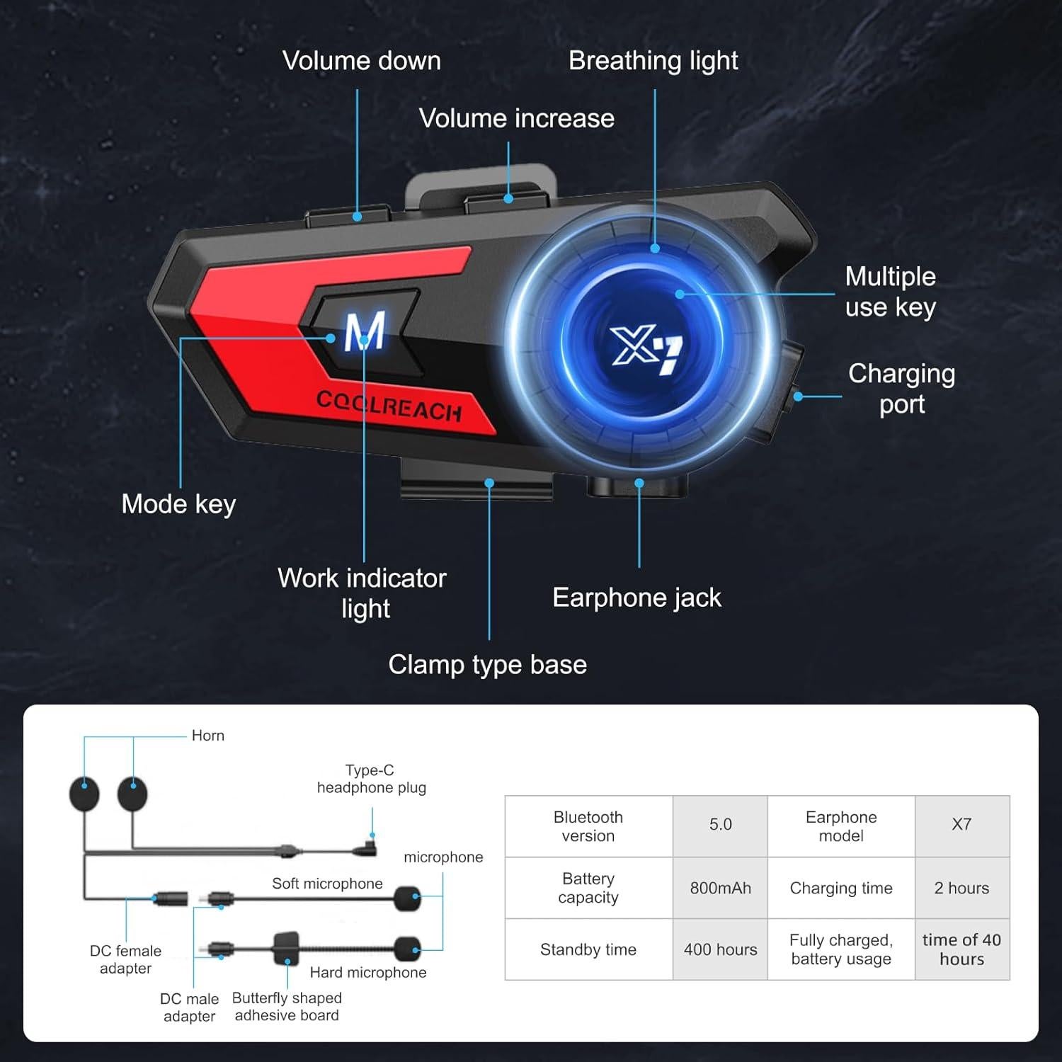 Auricular Bluetooth X7 para Casco de Motocicleta Rojo