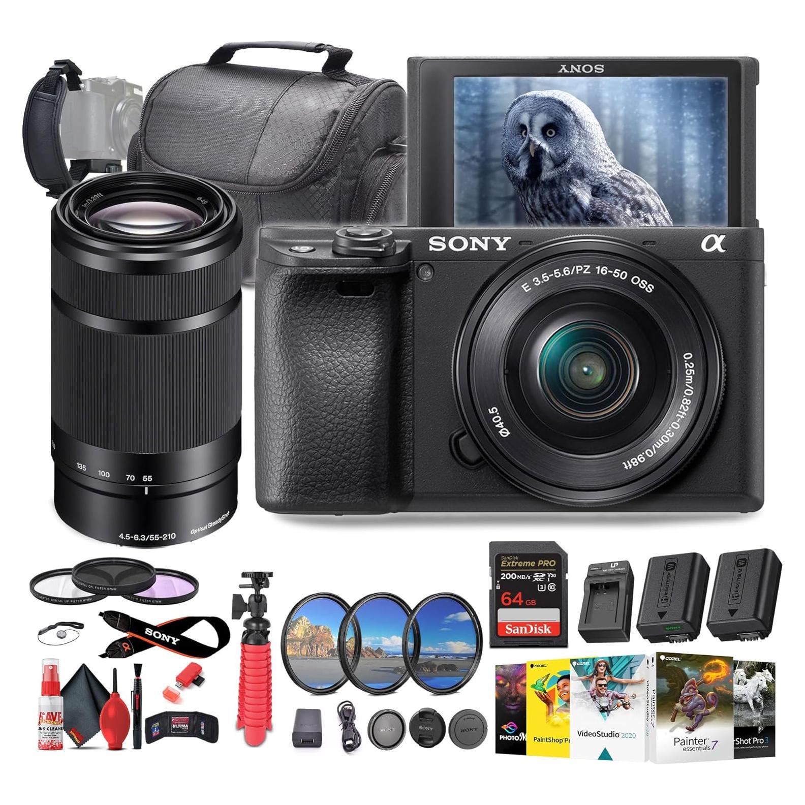 Sony a6400 Mirrorless Camera with 16-50mm Lens with Real-Time Eye Auto Focus, 4K Video (ILCE-6400L/B) + Sony E 55-210mm f/4.5-6.3 OSS Lens + 64GB Memory Card + NP-FW50 Battery + More (Renewed)