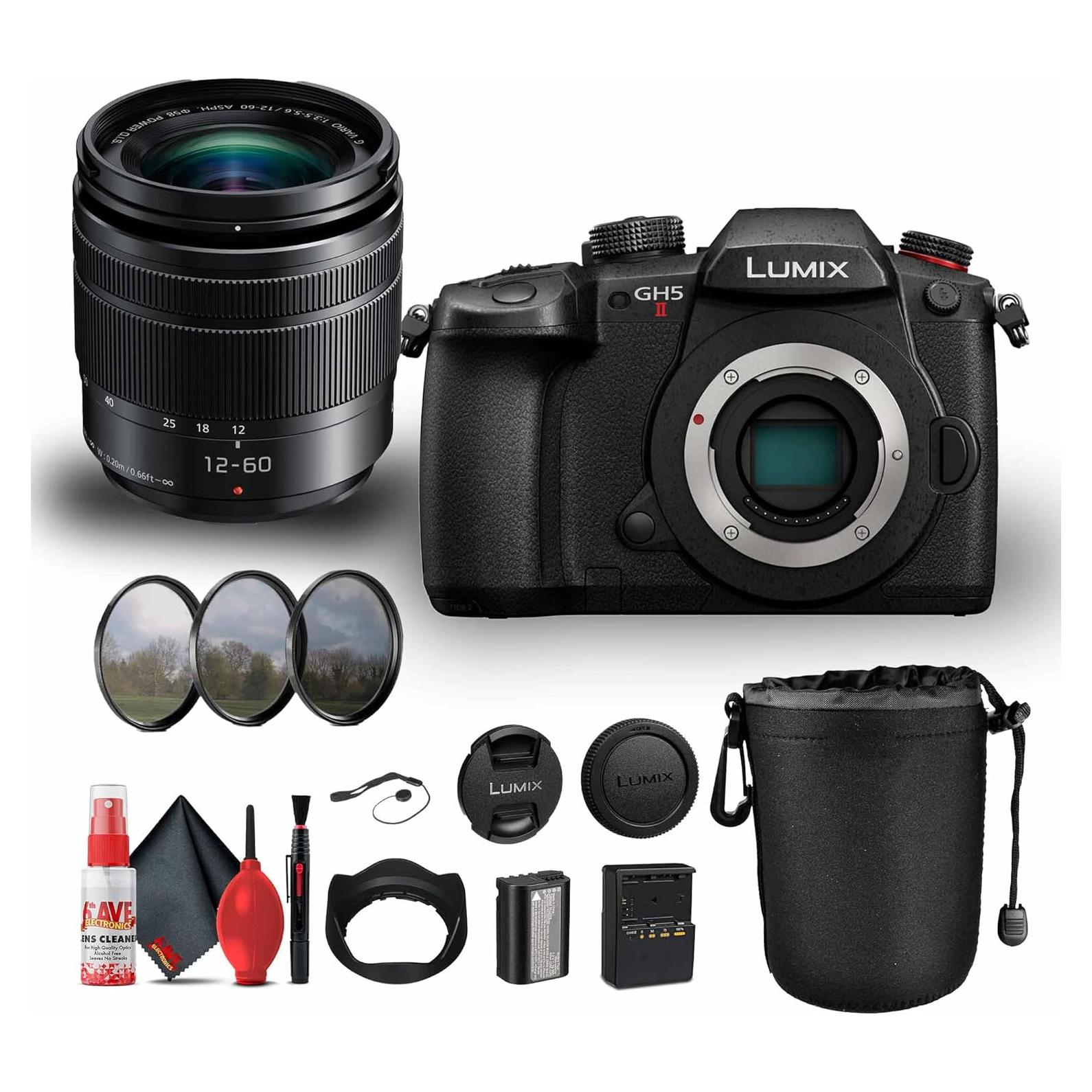 Lumix GH5 II Mirrorless Camera with 12-60mm f/3.5-5.6 Lens (DC-GH5M2K) Bundle Including: Lens Pouch, 3-Piece Filter Kit, Battery, Battery Charger, Full Cleaning Kit, More Accessories
