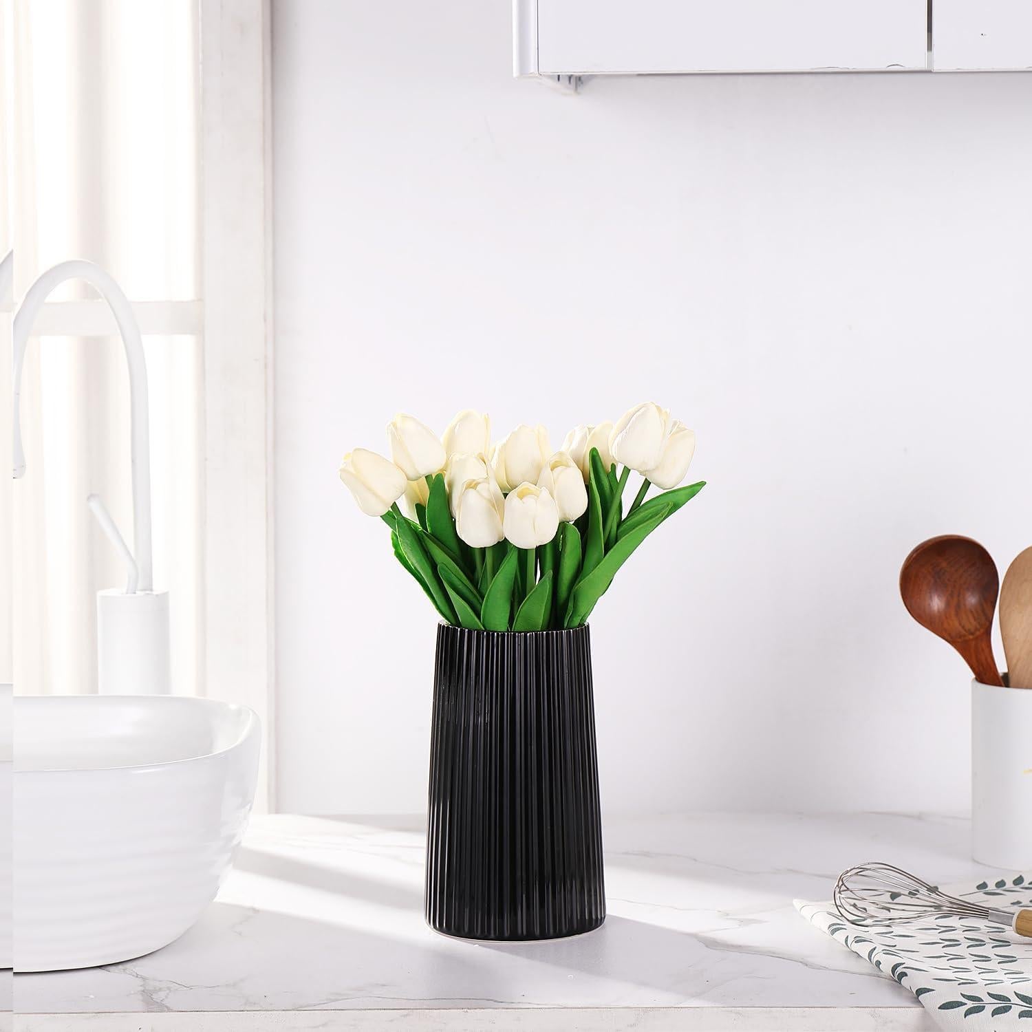 Jarrón Cerámica Negra YANWE1 20 cm Decoración Moderna