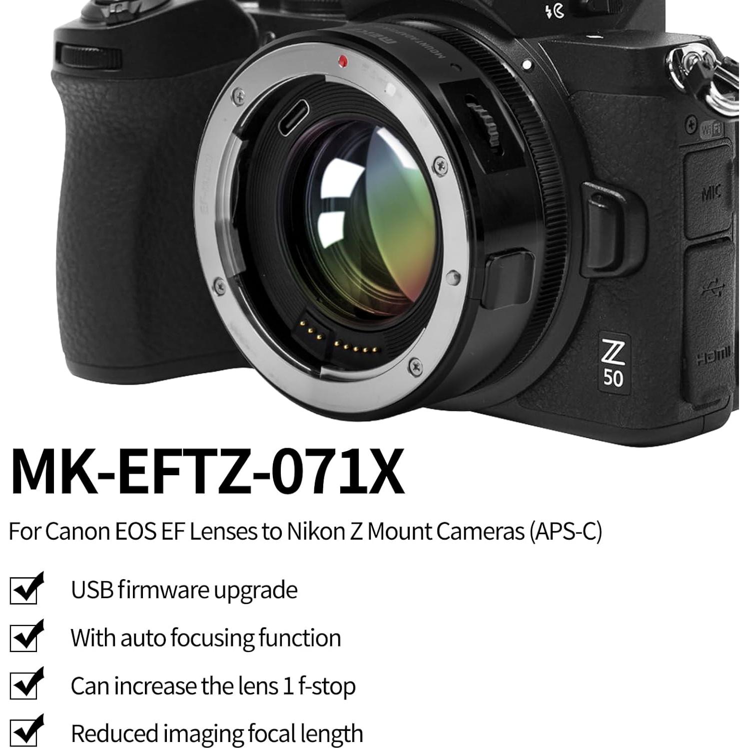 Adaptador de Montura Meike EFTZ-0.71X para Lentes Canon EF a Nikon Z
