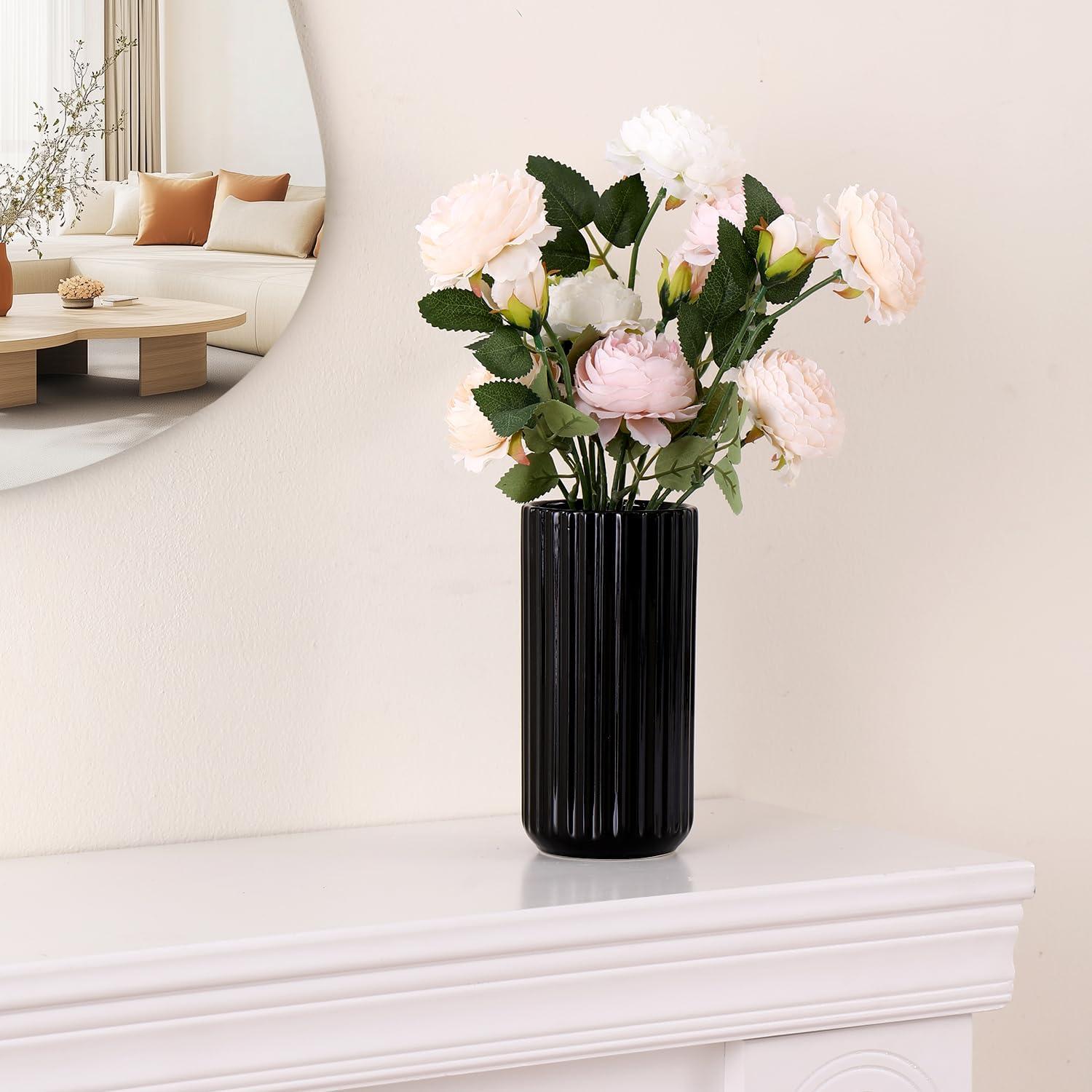 Jarrón Cerámica Negra YANWE1 Alto Estriado 20 cm