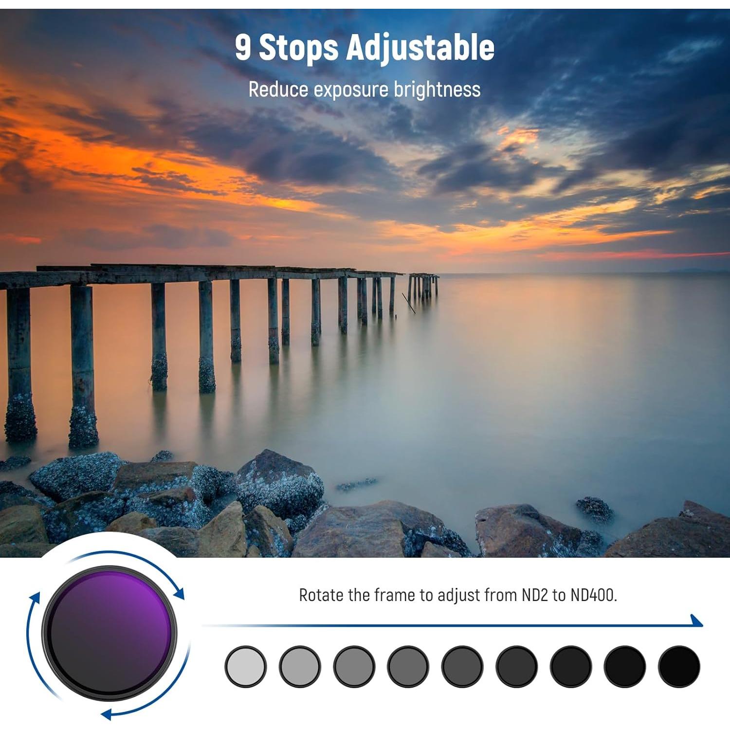 Filtro ND Variable 62mm NEEWER ND2-400 con Accesorios