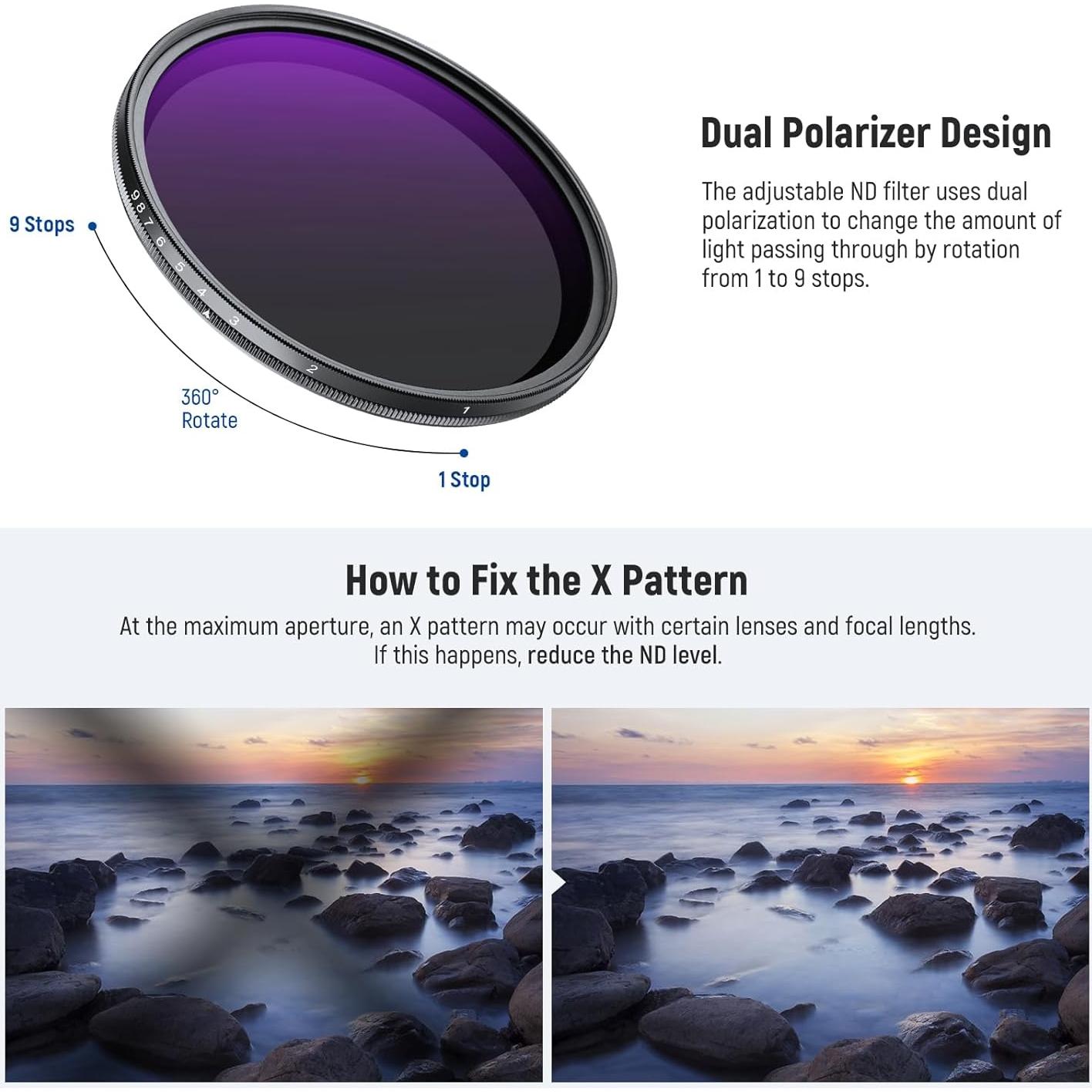 Filtro ND Variable 62mm NEEWER ND2-400 con Accesorios