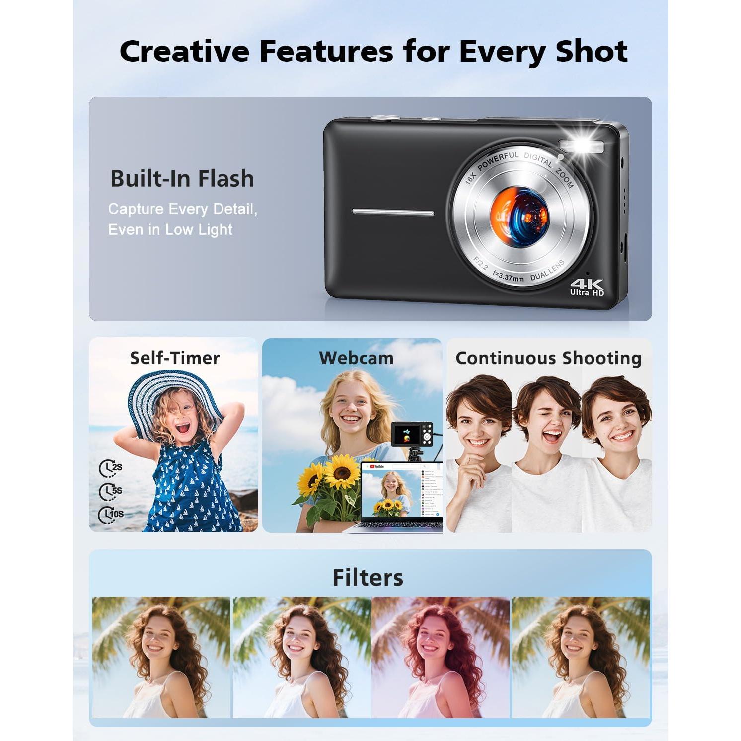 Cámara Digital YAXTIFIU 64MP 4K Compacta con Zoom 16X