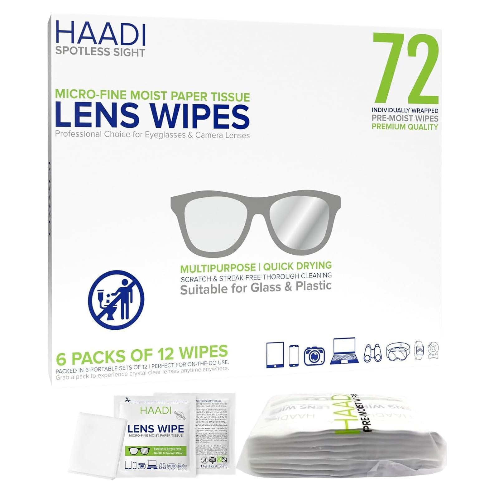 Toallitas Limpiadoras de Lentes HAADI 72 Unidades Ecológicas