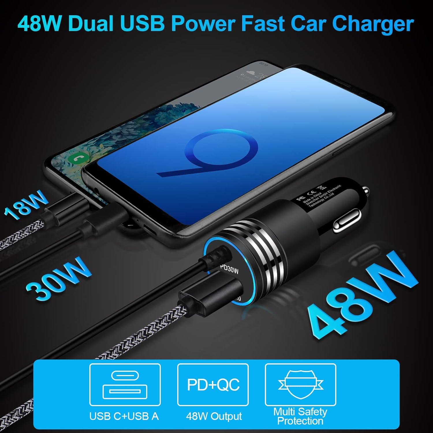 Cargador de coche rápido 48W USB C con cable 3FT para Samsung