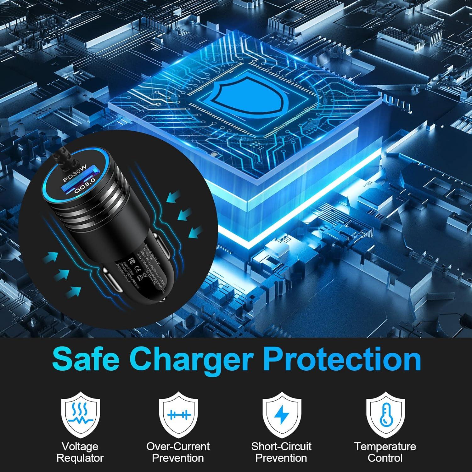 Cargador de coche rápido 48W USB C con cable 3FT para Samsung