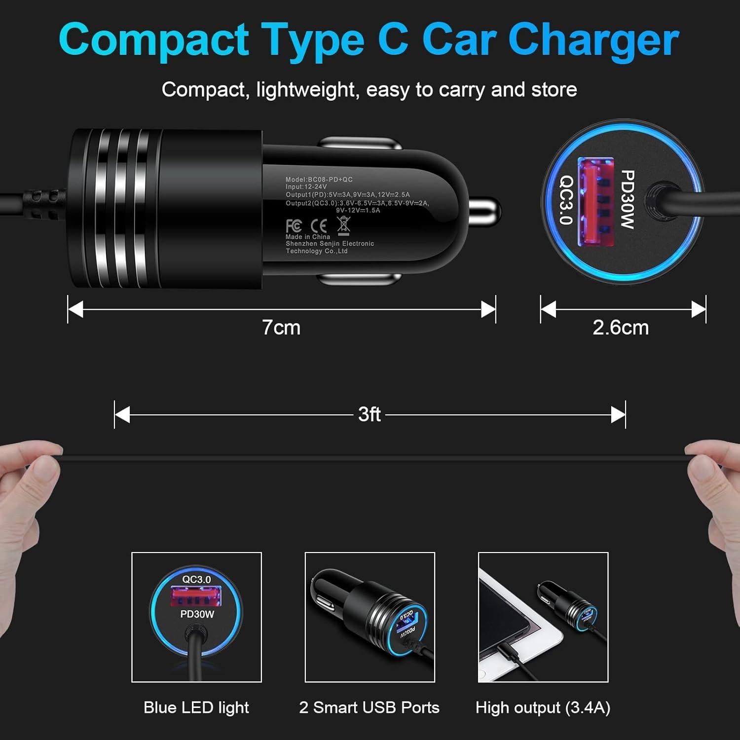 Cargador de coche rápido 48W USB C con cable 3FT para Samsung