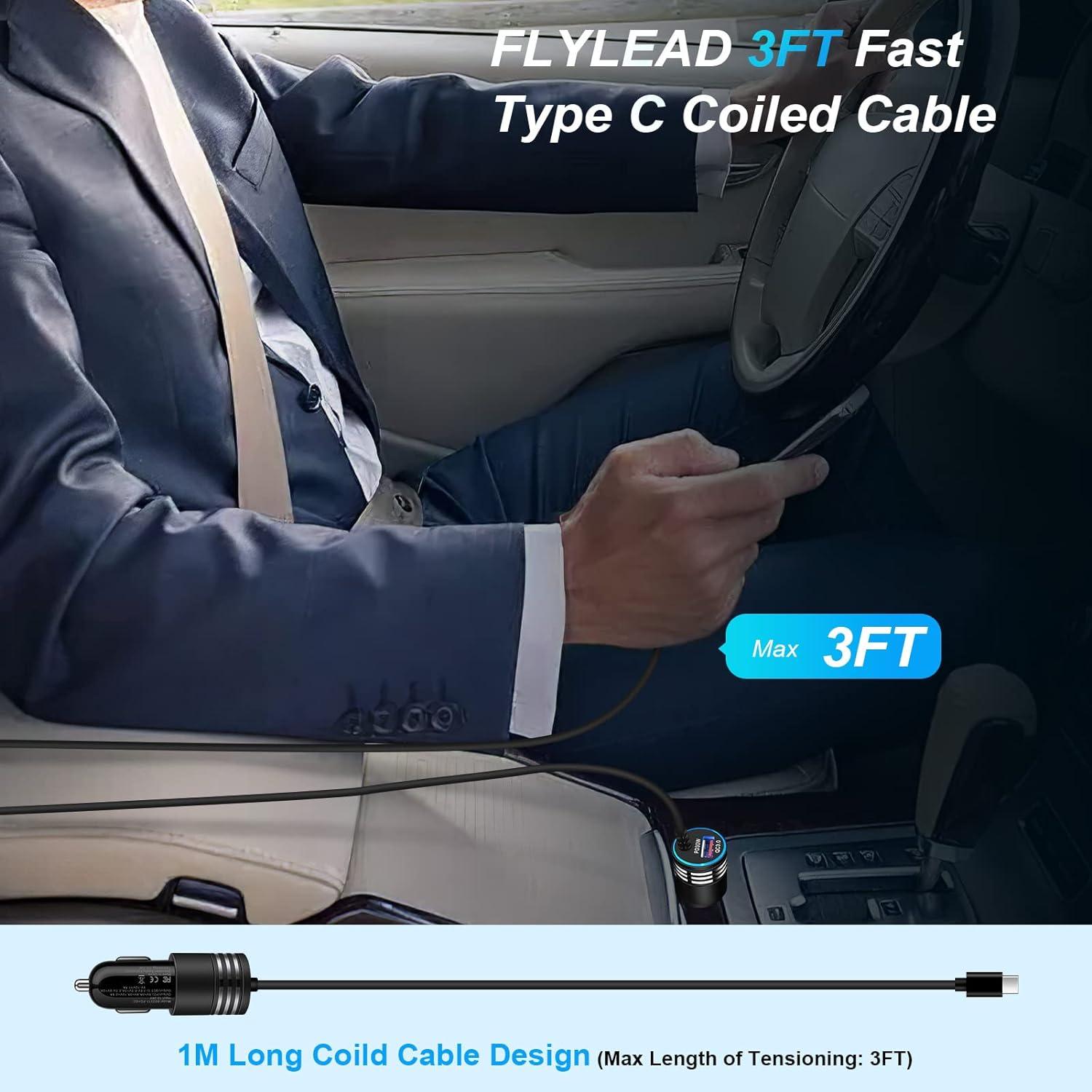 Cargador de coche rápido 48W USB C con cable 3FT para Samsung