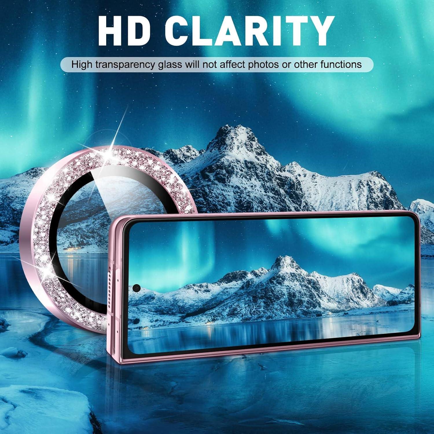 LucBuy Bling Camera Lens Protector for Samsung Galaxy Z Fold 6, Tempered Glass Camera Cover Film Stickers, Glitter Automatic-Alignment Individual Metal Ring Screen Protector