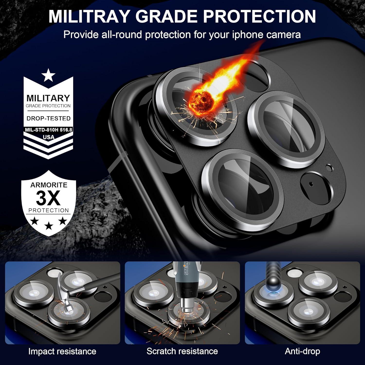 beuxece Compatible for iPhone 16 Pro/iPhone 16 Pro Max Camera Lens Protector, Matte Metal Camera Cover with HD Tempered Glass Rear Lens Screen Protector [Strong Adsorption]-Titanium Black