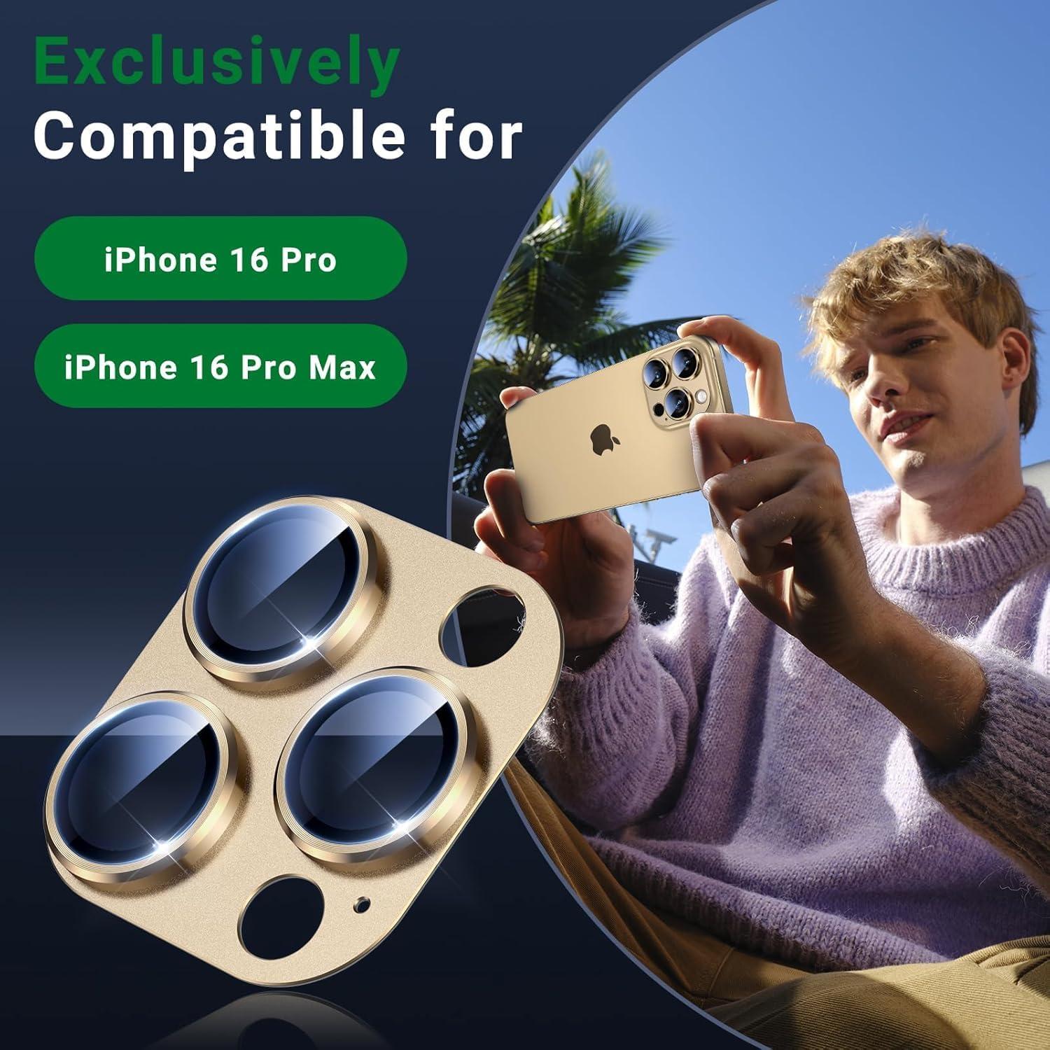 for iPhone 16 Pro/iPhone 16 Pro Max Camera Lens Protector, [Military Grade Shatterproof] [Strong Adsorption] Metal Aluminum Alloy Tempered Glass Screen Protector(Desert Titanium)