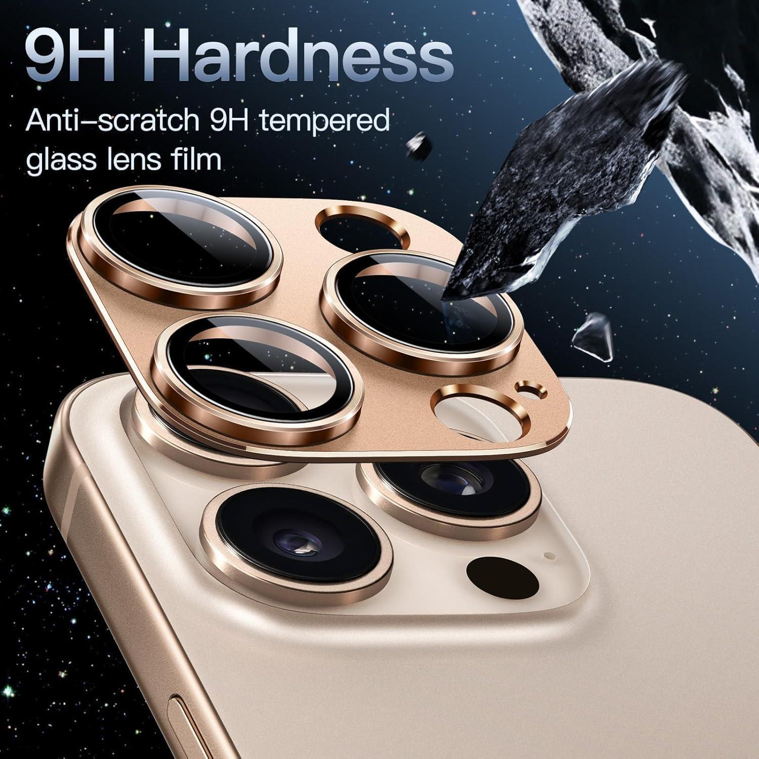 for iPhone 16 Pro/iPhone 16 Pro Max Camera Lens Protector, [Military Grade Shatterproof] [Strong Adsorption] Metal Aluminum Alloy Tempered Glass Screen Protector(Desert Titanium)