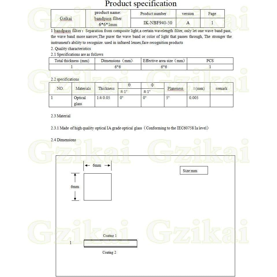 Filtro Óptico 940nm Gzikai 6x6mm para Cámara y Reconocimiento Facial