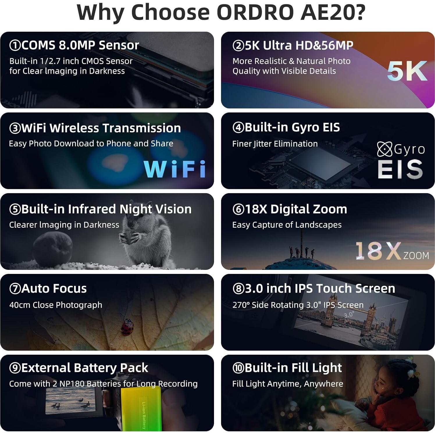 Cámara de Video ORDRO 5K 56MP con WiFi y Visión Nocturna