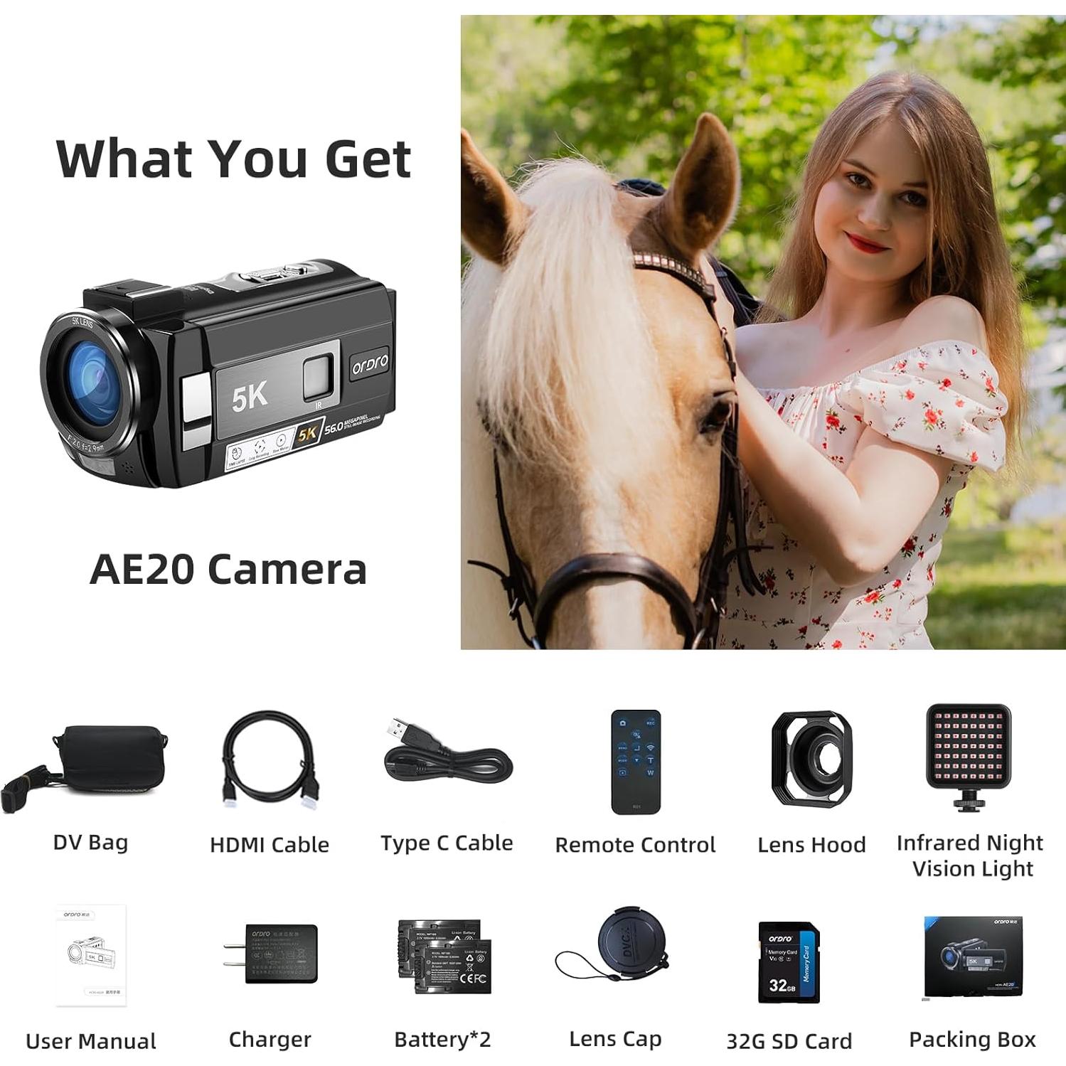 Cámara de Video ORDRO 5K 56MP con WiFi y Visión Nocturna