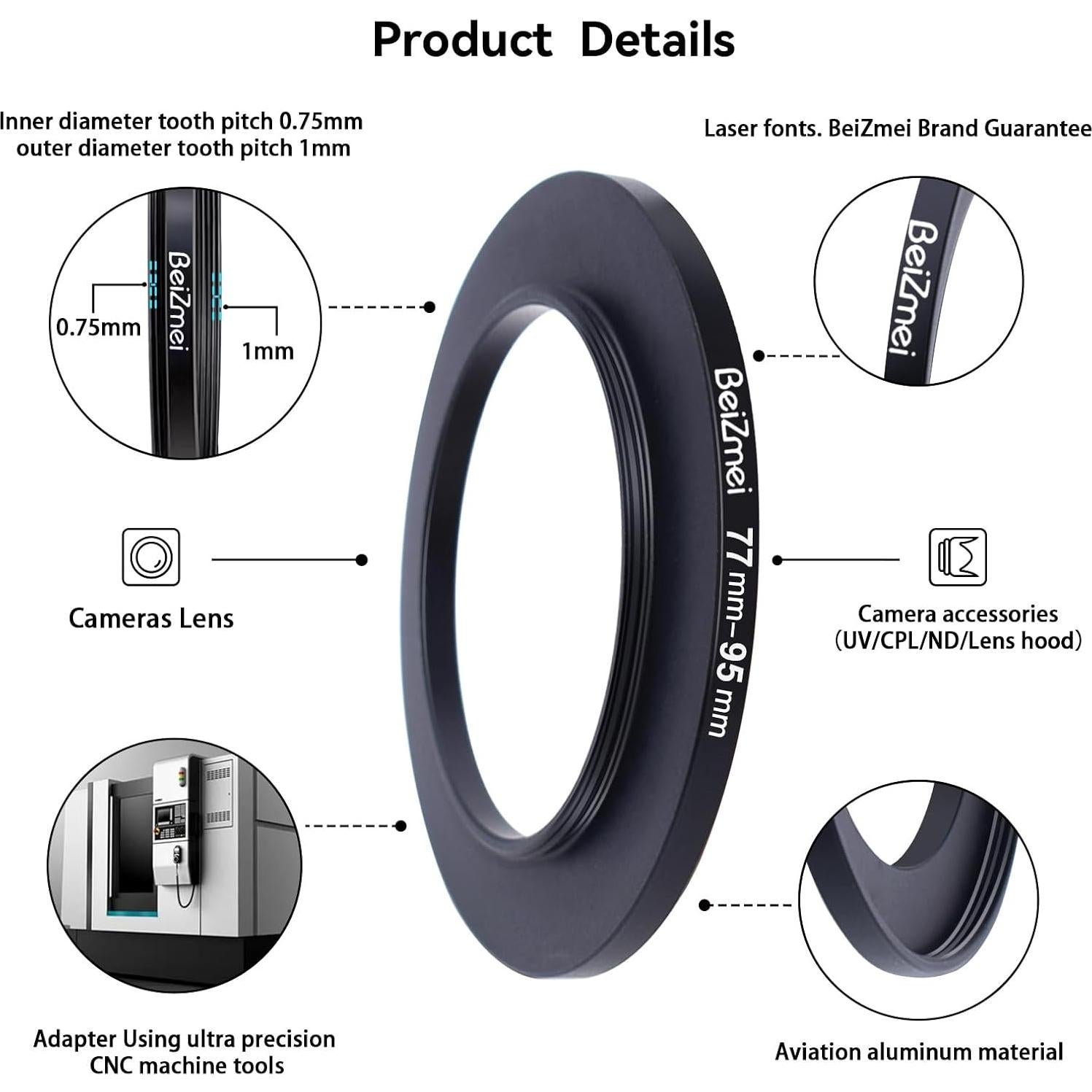 Anillo Adaptador de Filtros BeiZmei 77mm a 95mm CNC