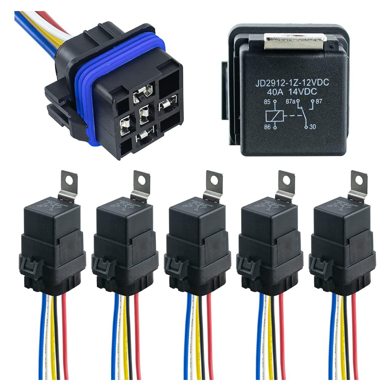 Paquete de 5 Relés Impermeables 12V DC 40/30A con Arnés Cobre