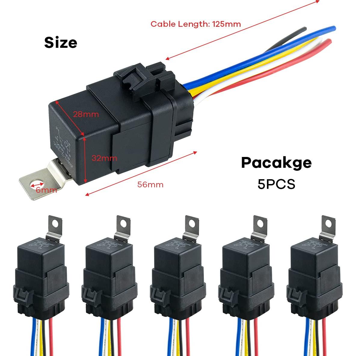 Paquete de 5 Relés Impermeables 12V DC 40/30A con Arnés Cobre
