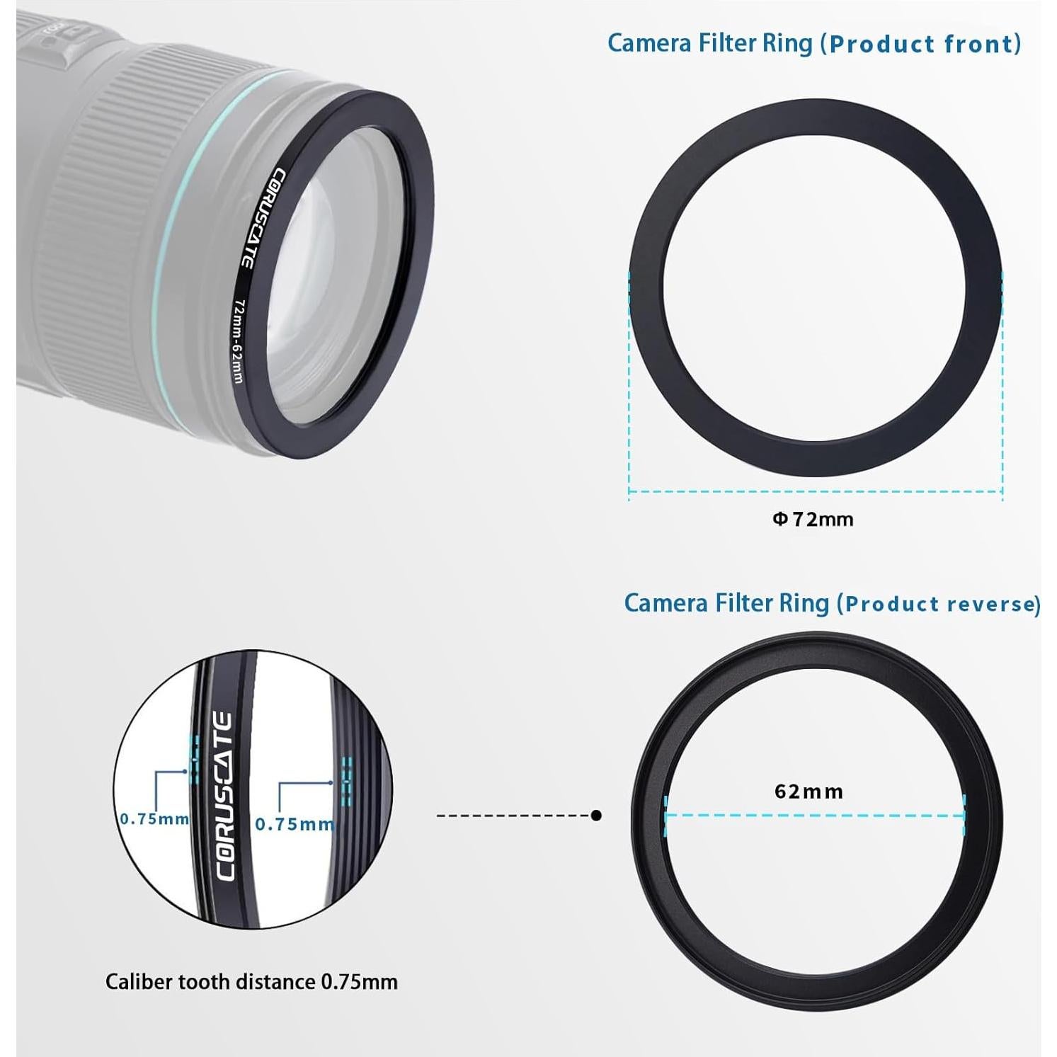 Adaptador de Lente 72mm a 62mm Coruscate + Paño de Limpieza