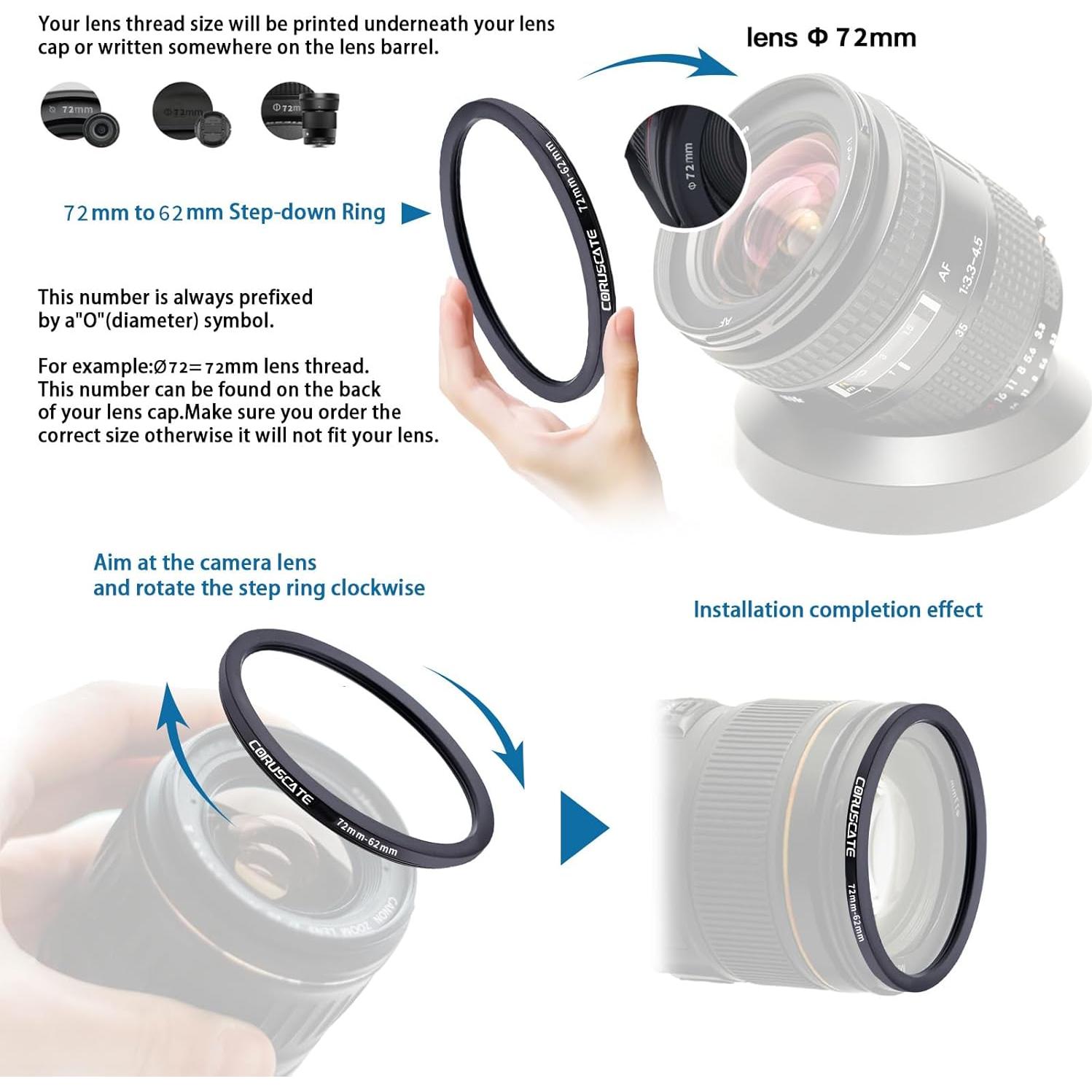 Adaptador de Lente 72mm a 62mm Coruscate + Paño de Limpieza