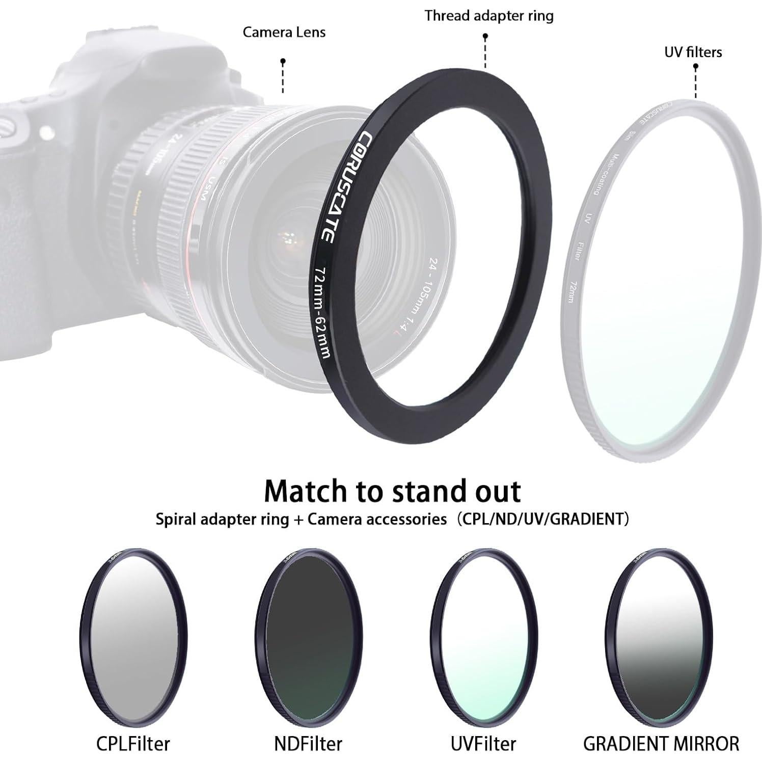 Adaptador de Lente 72mm a 62mm Coruscate + Paño de Limpieza