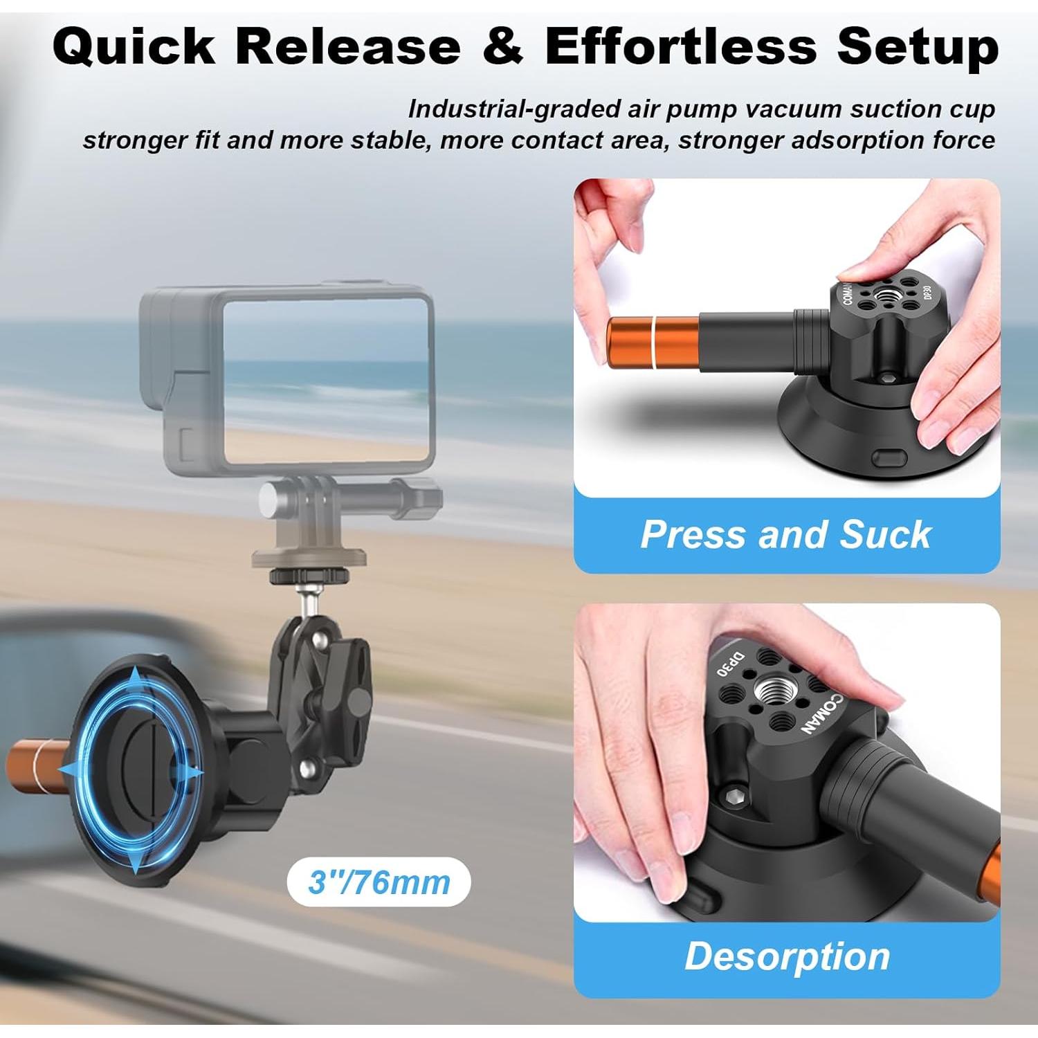 Soporte de Ventosa para Cámara COMAN DP30 3" con Brazo Mágico