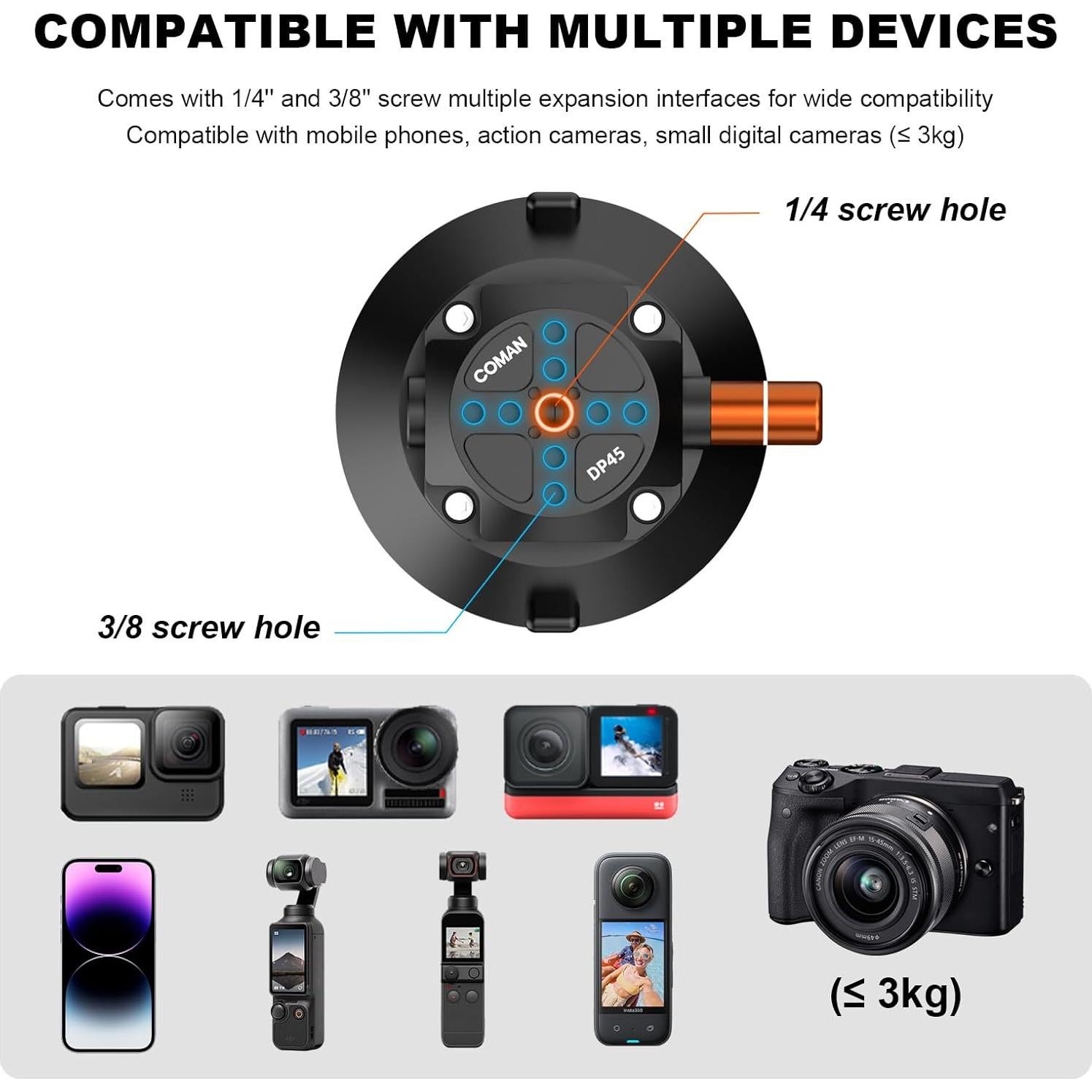 Soporte de Ventosa para Cámara COMAN DP30 3" con Brazo Mágico