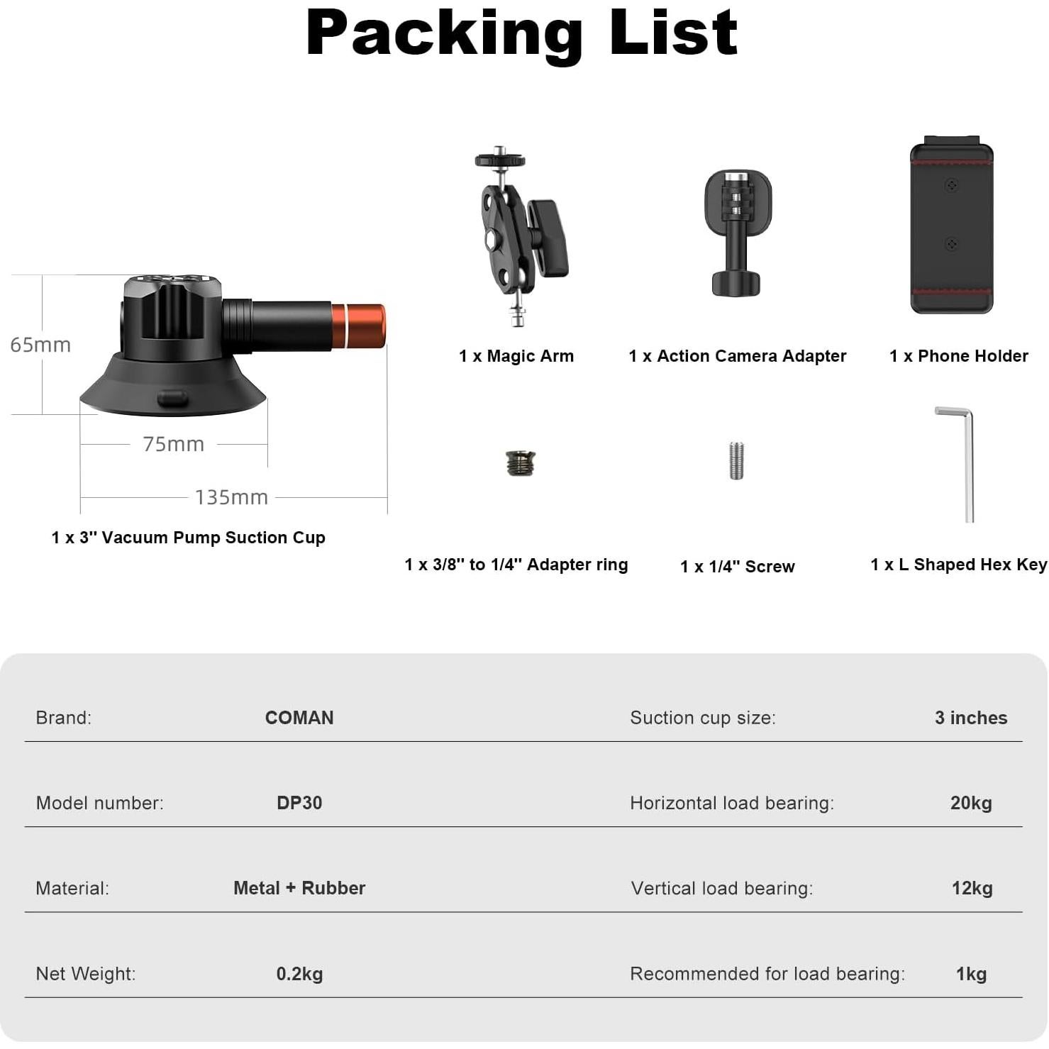 Soporte de Ventosa para Cámara COMAN DP30 3" con Brazo Mágico